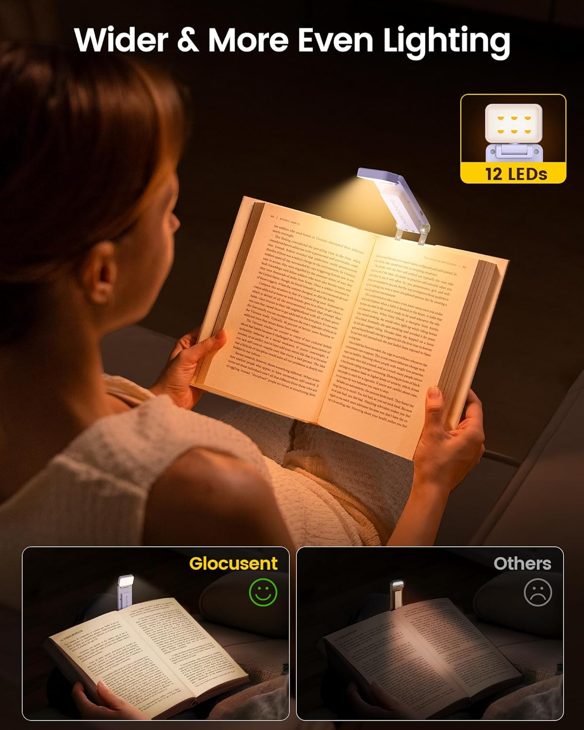 Glocusent 12 LED Rechargeable Book Light, Clip-On Reading Lamp with 5 Colors & 5 Brightness Levels, up to 100Hrs Runtime, Eye-Caring Reading Lights for Books in Bed, Perfect for Book Lovers, Kids - Blue image number 2