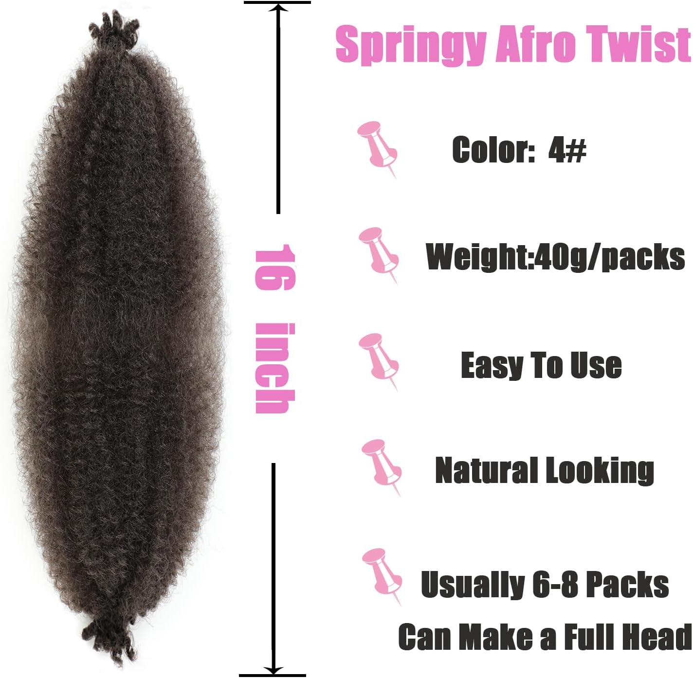 LPARMJIT Springy Afro Twist Hair 16 Inch 8 Packs Pre-Separated Kinky Marley Twist Braiding Hair for Soft Butterfly Locs Pre-Fluffed Afro Twist Hair Extensions (16 Inch (Pack of 8), 4#) image number 4