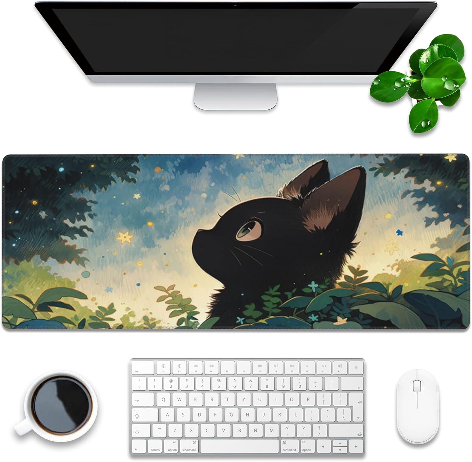 Desk Pad, Anime Cute Black Cat Extended Gaming Mouse Pad Large, 31.5"X11.8" Big Mouse Pad with Non-Slip Base and Stitched Edge, Long Computer Keyboard Mouse Mat for Home Office Work image number 6