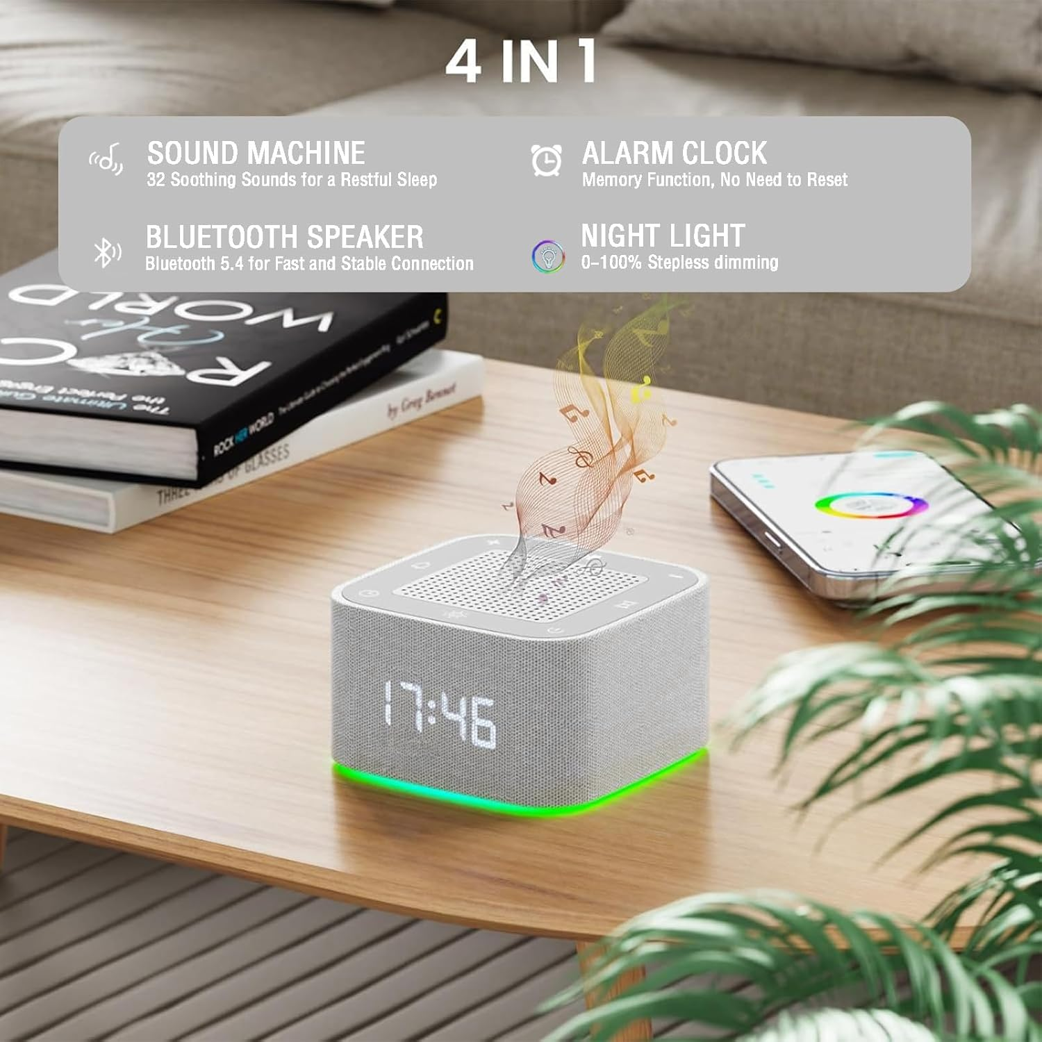 White Noise Machine & Alarm Clock 2-In-1, 32 Soothing Sleep Sounds, 8 Night Lights, （Application Control）, Sleep Timer, Volume Control, Memory Function, Adult Children'S Sleep Sound System image number 2