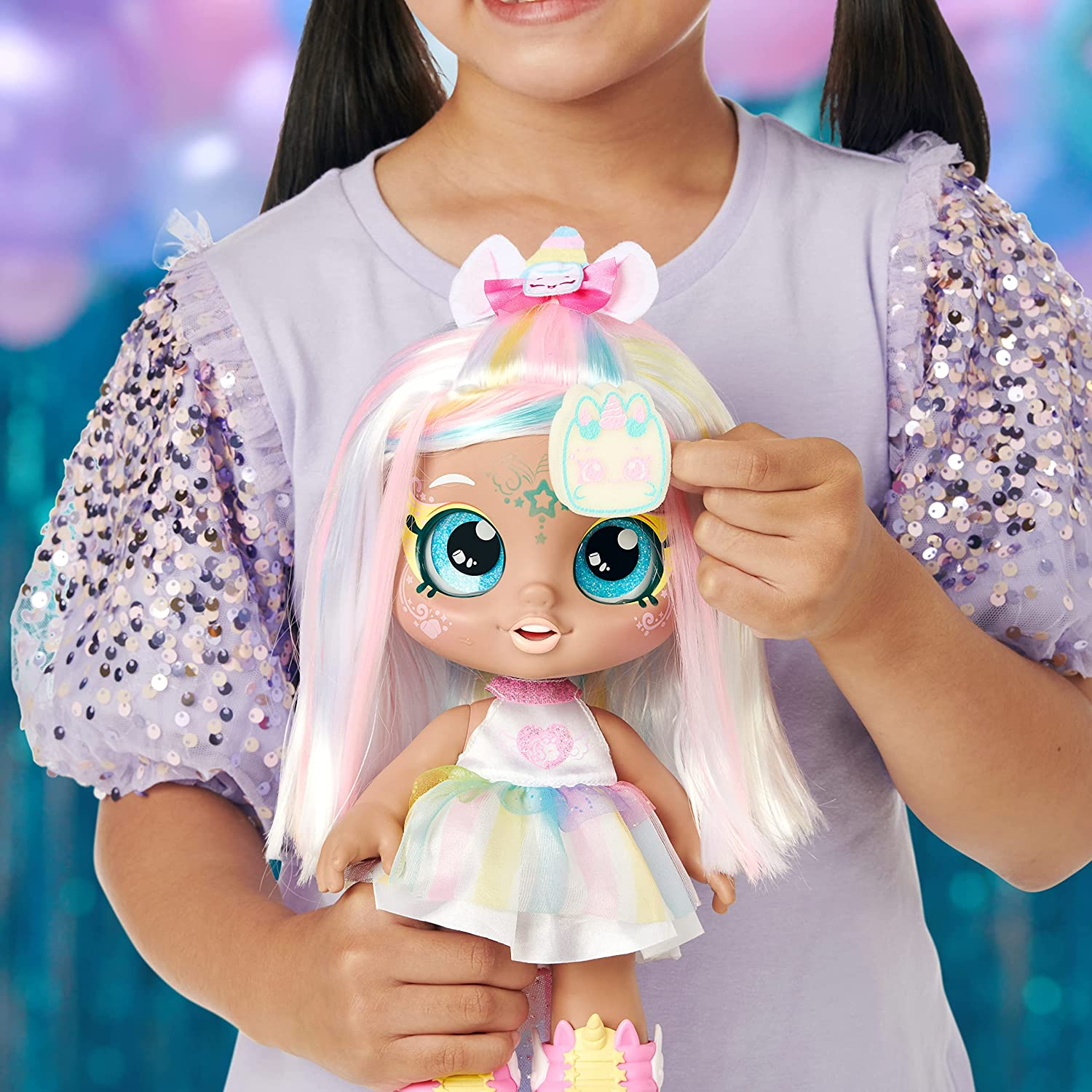 Kindi Kids Dress up Magic Marsha Mello Unicorn Toddler Doll with Face Paint Reveal. 1 Doll with Magic Sponge. Big Glittery Eyes, Bobble Head, Changeable Clothes and Removable Shoes., Pink (50246) image number 3