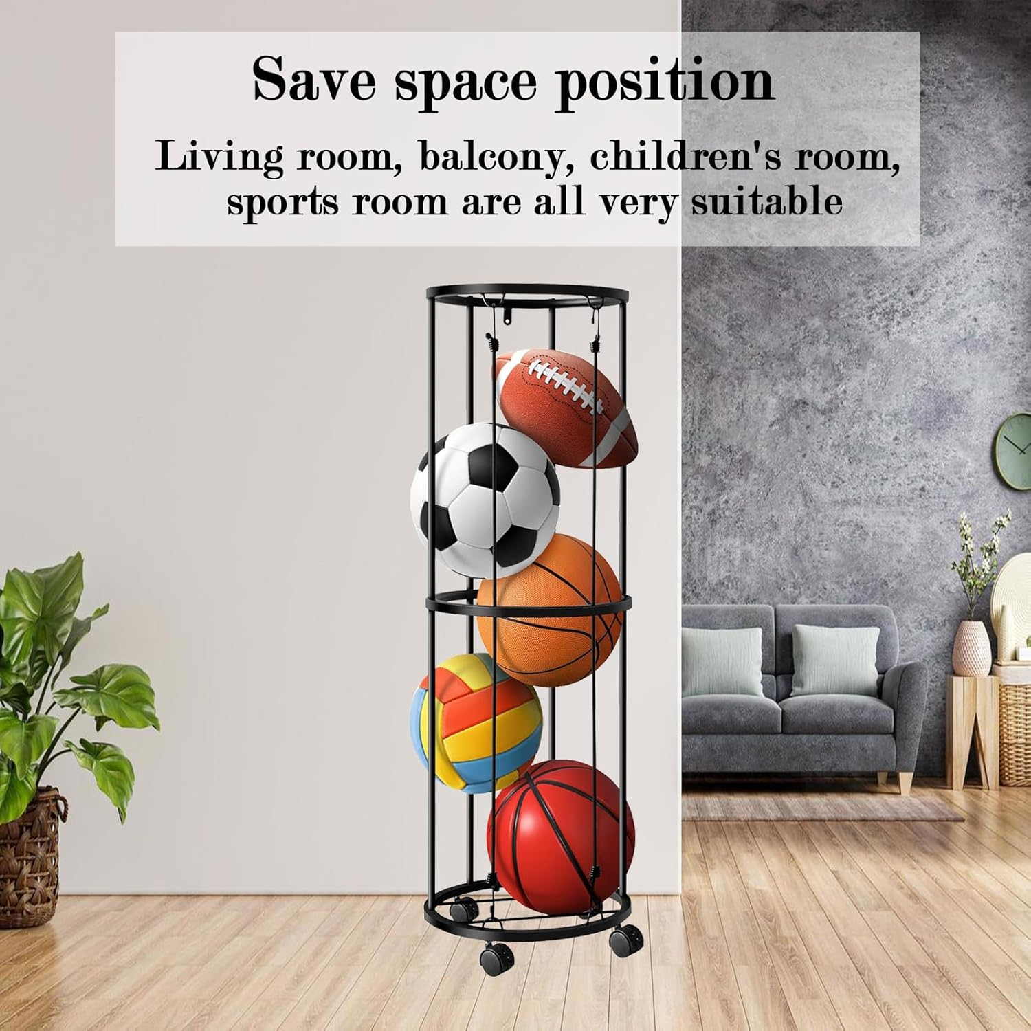 Ball Storage,Sports Equipment Organizer,Columnar Vertical Basketball Holder,Ball Rack with Wheels,Ball Holder for Basketball, Soccer, Football, Volleyball image number 4