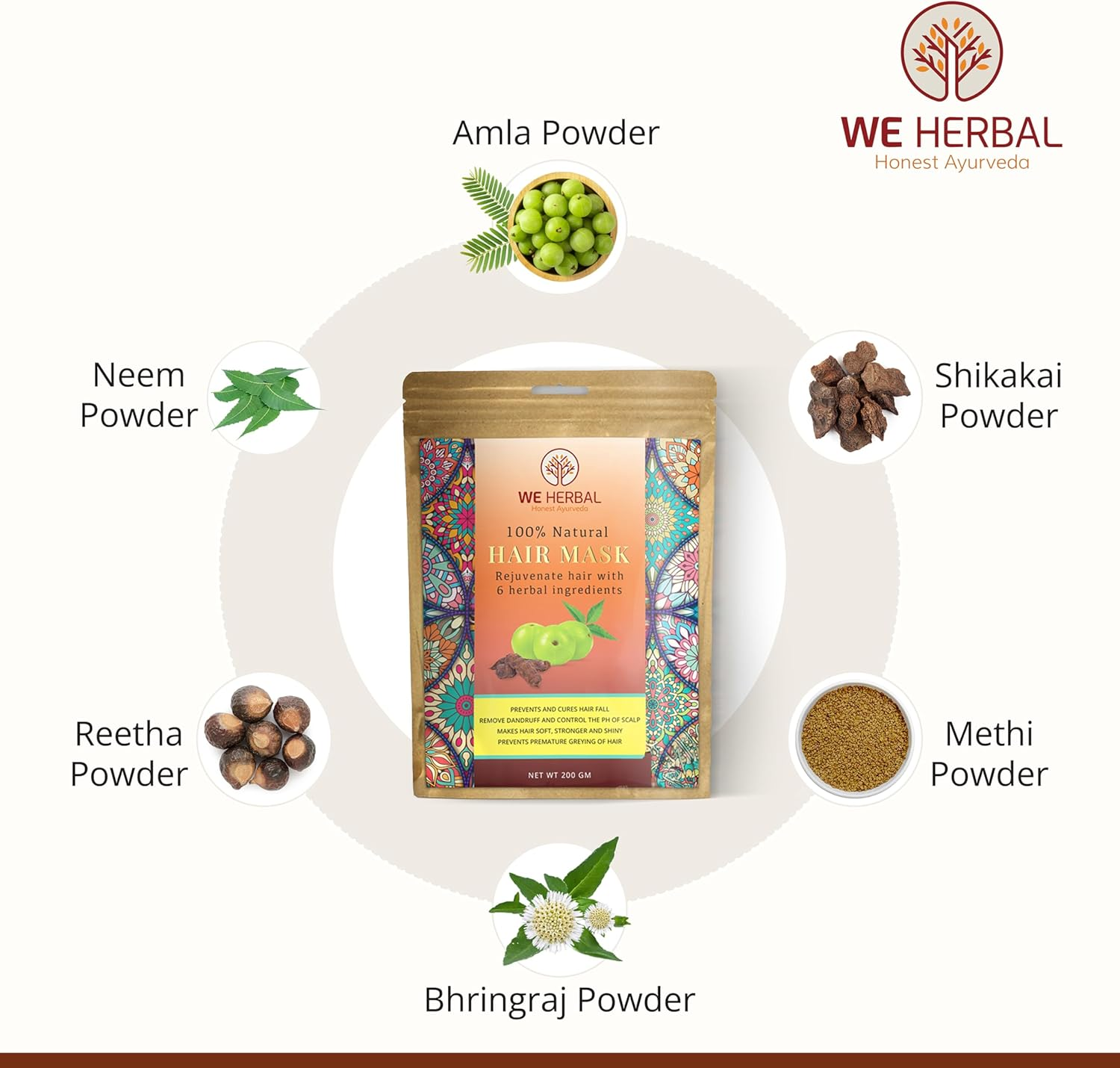 WE HERBAL Growth Booster Hair Pack 100% Pure & Natural Essential Ayurvedic Hair Mask with Amla, Bhringraj, Neem, Methi Powder for Damaged Thinning Hair, 200 Gm image number 1