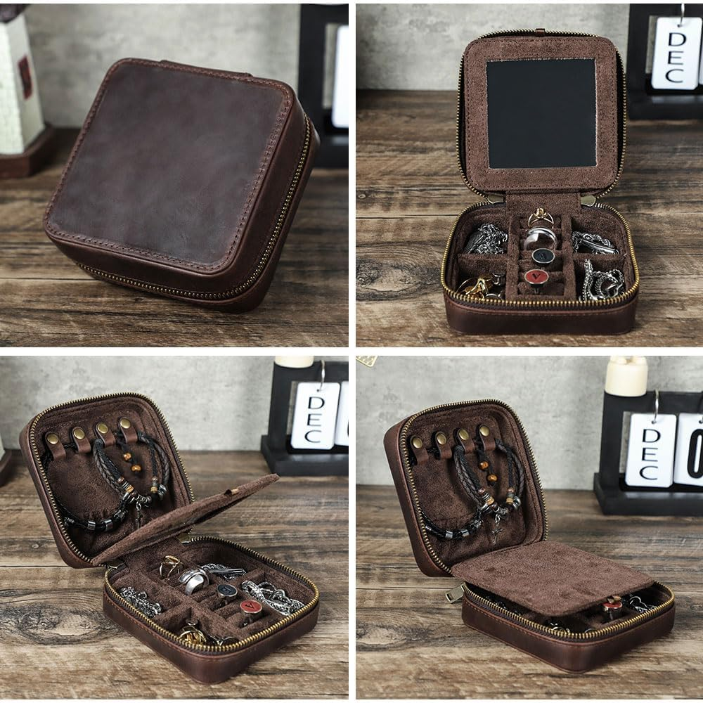 Contacts Genuine Leather Jewelry Box Travel Jewelry Storage Organizer for Men Portable Case for Cufflinks Ring Necklace Earrings with Mirror, Square+Mirror, Coffee image number 5
