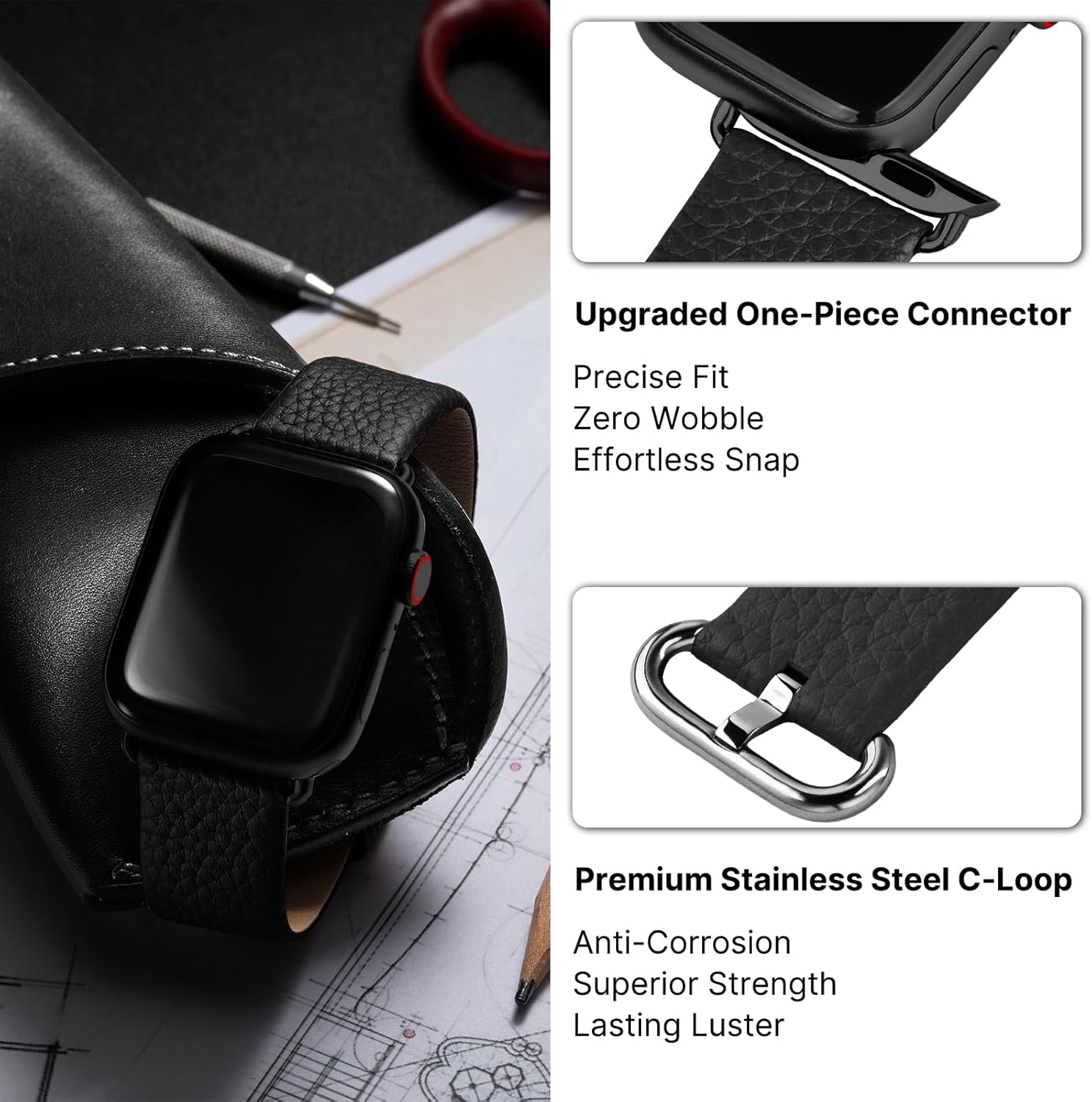 Fullmosa Compatible for Apple Watch Band 49Mm 46Mm 45Mm 44Mm 42Mm,Lychee-Textured Premium Real Leather Apple Watch Strap for Iwatch Ultra Se&Series 11 10 9 8 7 6 5 4 3 2 1, Black