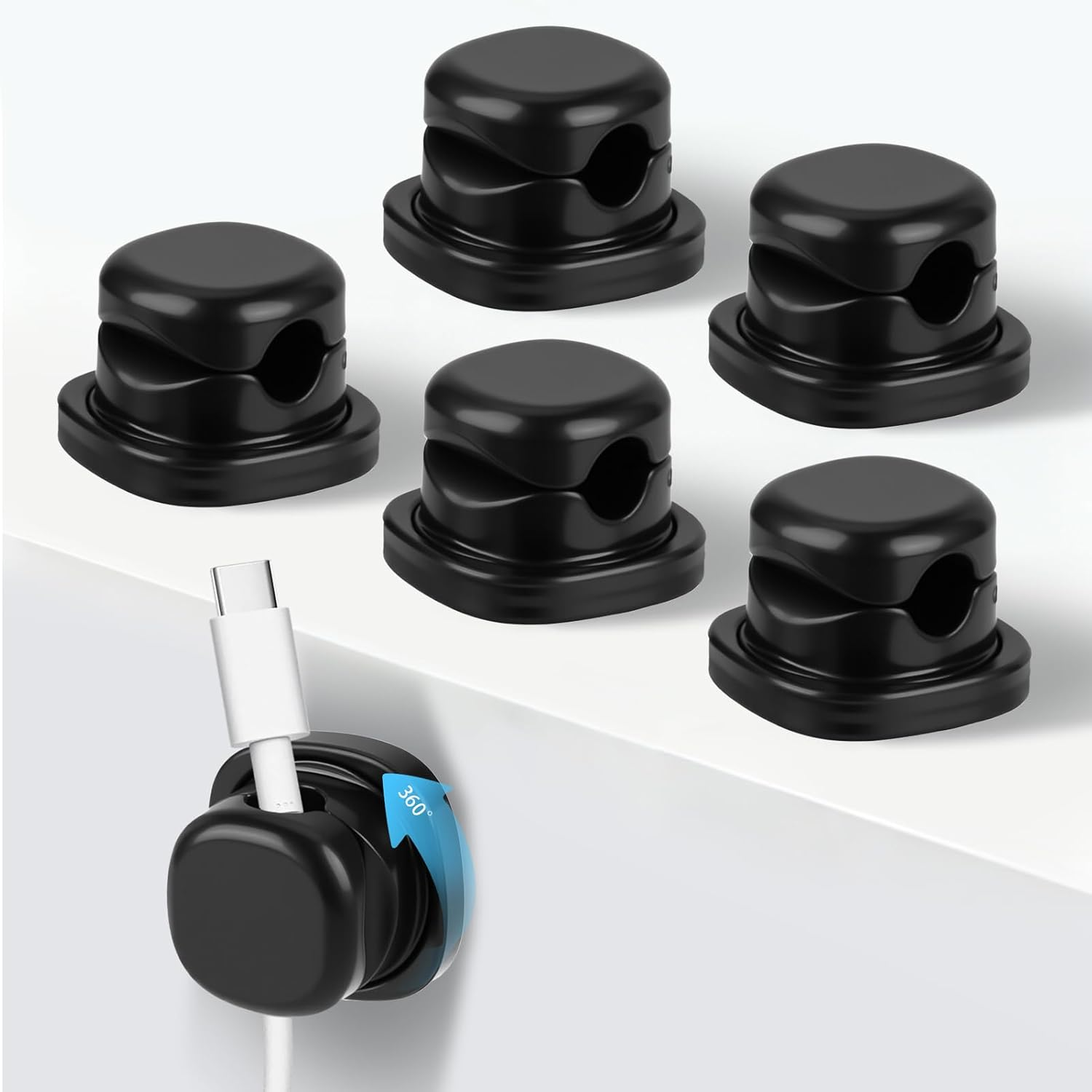 360&deg; Rotatable Cable Organiser 6Pack - ABS Spring Cord Clips, Acrylic Adhesive Cable Holder, Desk Management under Desk, Compact Tidy for Room Office Usb/Charging Wires (Black and White Combination)