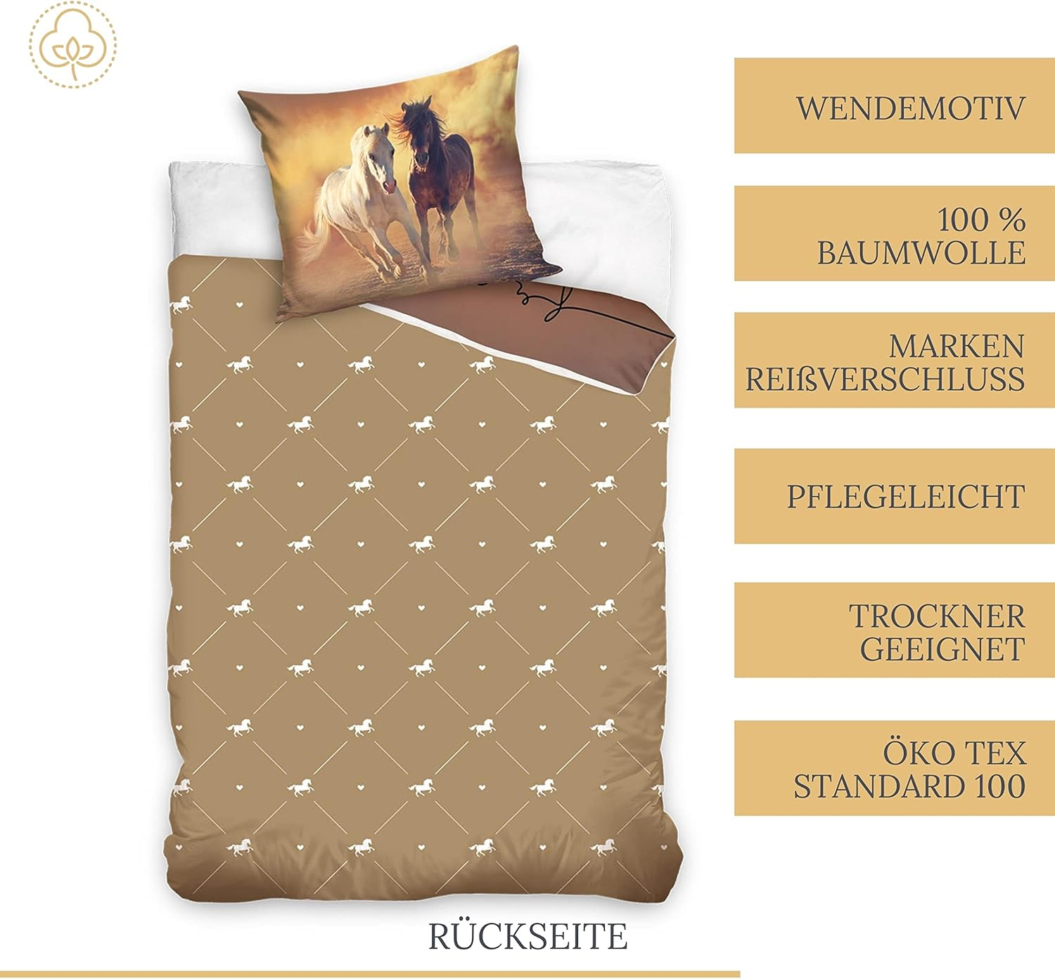 Termana Horse Bed Linen Set 135 X 200 Cm Girls' Bed Linen Set Horse Motif Freedom Pillowcase 80 X 80 Cm Duvet Cover 135 X 200 Cm 100% Cotton image number 3