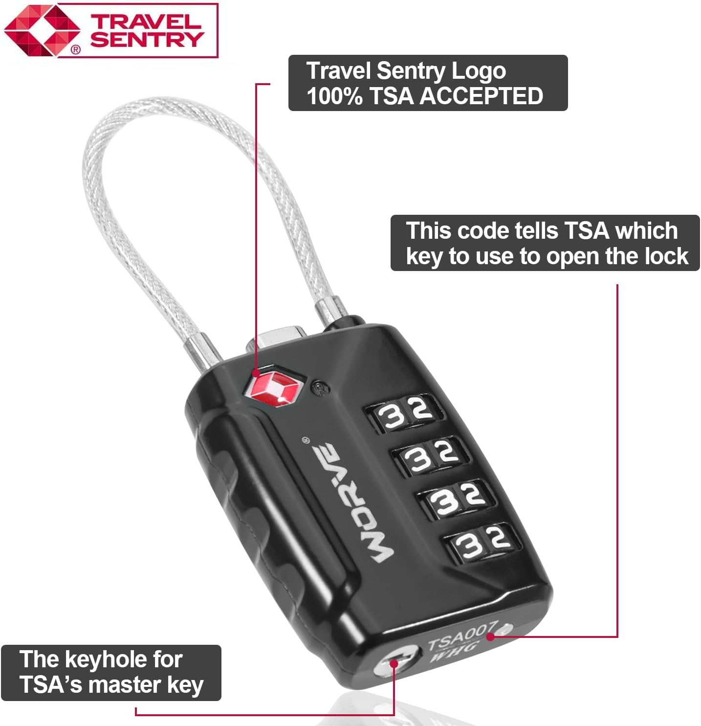 TSA Approved Cable Luggage Locks,Re-Settable Combination with Alloy Body,Tsa Approved Luggage Travel Lock for School Gym Locker, Luggage Suitcase Baggage Locks, Filing Cabinets(Black, 2 Pack) image number 5