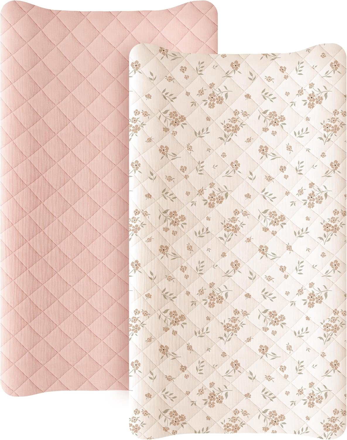 Konssy Waterproof Muslin Changing Pad Cover 2 Pack, Quilted Cotton Fitted Diaper Chang Table Cover, Soft Changing Pad Sheets for Girls Boys (Blossom,Pink)