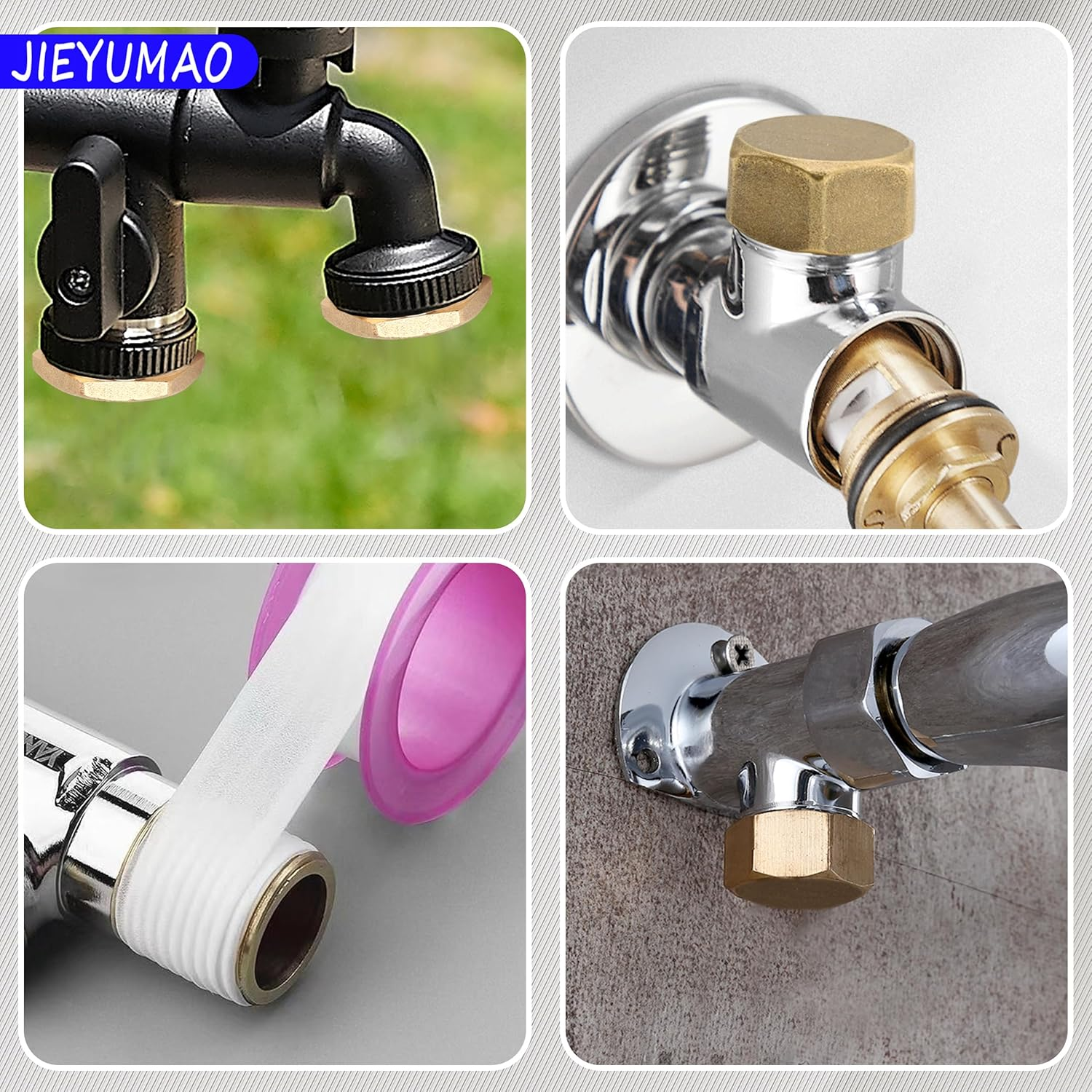 Garden Hose Cap, 4Pcs Brass Spigot Cap with Washers, 3/4 Inch 2 Styles Garden Hose End Caps with Tape, Outdoor Faucet Caps Brass Gardens Hoses Plug for Outdoor Faucet Replacement image number 1