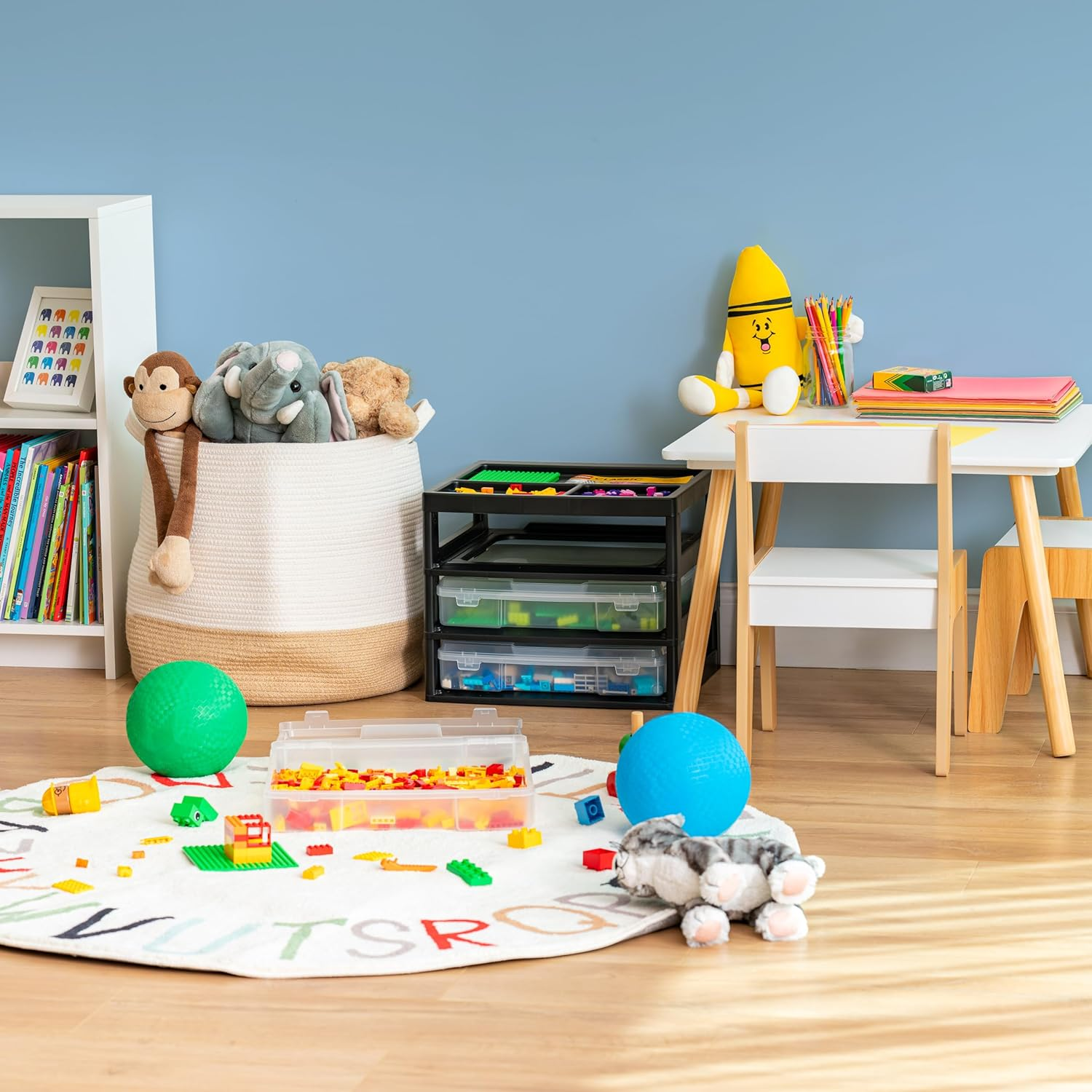 IRIS USA Fits 12" X 12" Paper, 3-Tier Scrapbook Storage Unit with Organizer Top, for Building Blocks  Papers Tools Office Art and Craft Supplies, Desktop Organizer, Built in Handle, Black/Clear image number 5