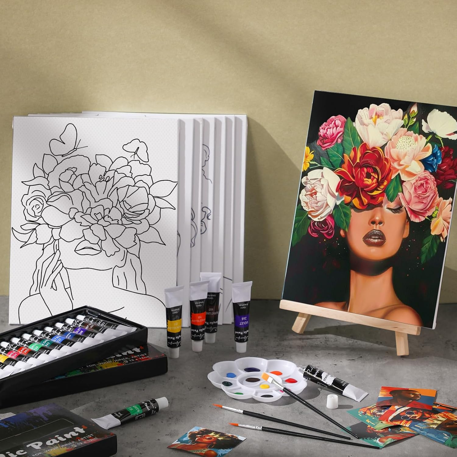 Cholemy 36 Pcs Paint and Sip Kit for Adults 8'' X 10'' Pre Drawn Canvas for Painting DIY Afro Acrylic Couples Painting Kit Wood Easel Brushes Date Night Bulk for Valentine Party Gifts image number 2