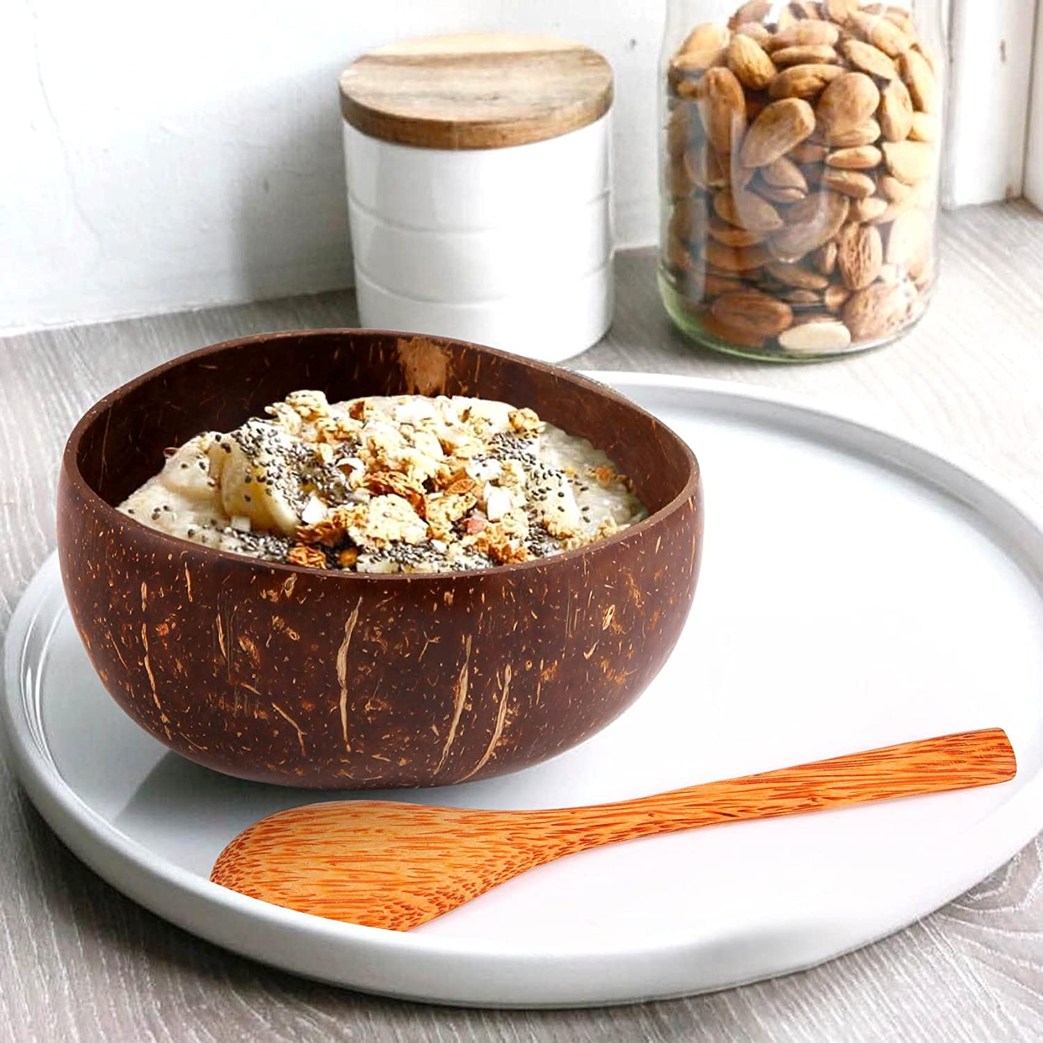 Coconut Bowl Set Handmade Coconut Shell Tableware Wood Spoon Dessert Fruit Salad Mixing Bowl Rice Ramen Bowl, 6 & 6 Spoons image number 3
