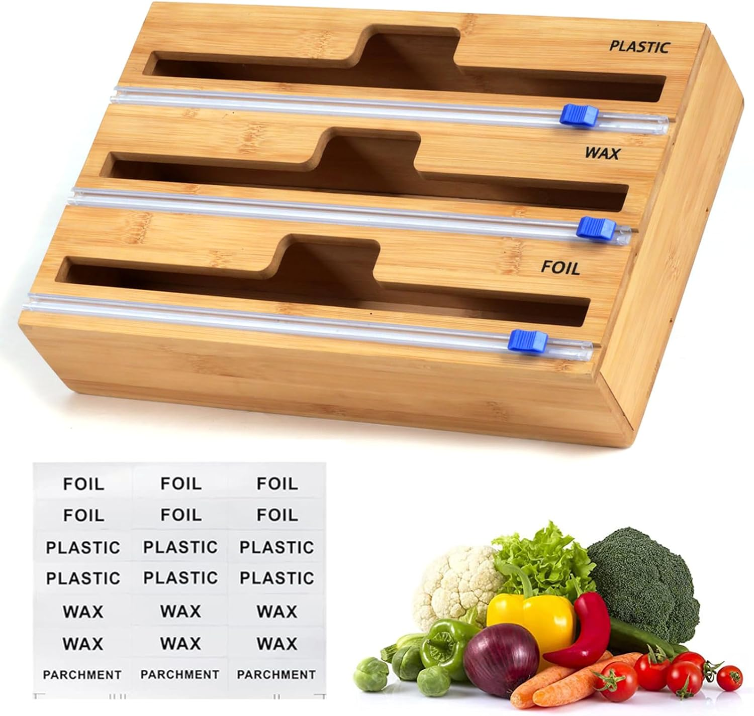 3 in 1 Wrap Dispenser with Cutter, Plastic Wrap, Aluminum Foil and Wax Paper Dispenser for Kitchen Drawer, Bamboo Roll Organizer Holder, Compatible with 12" Roll 2.2" Tall image number 2