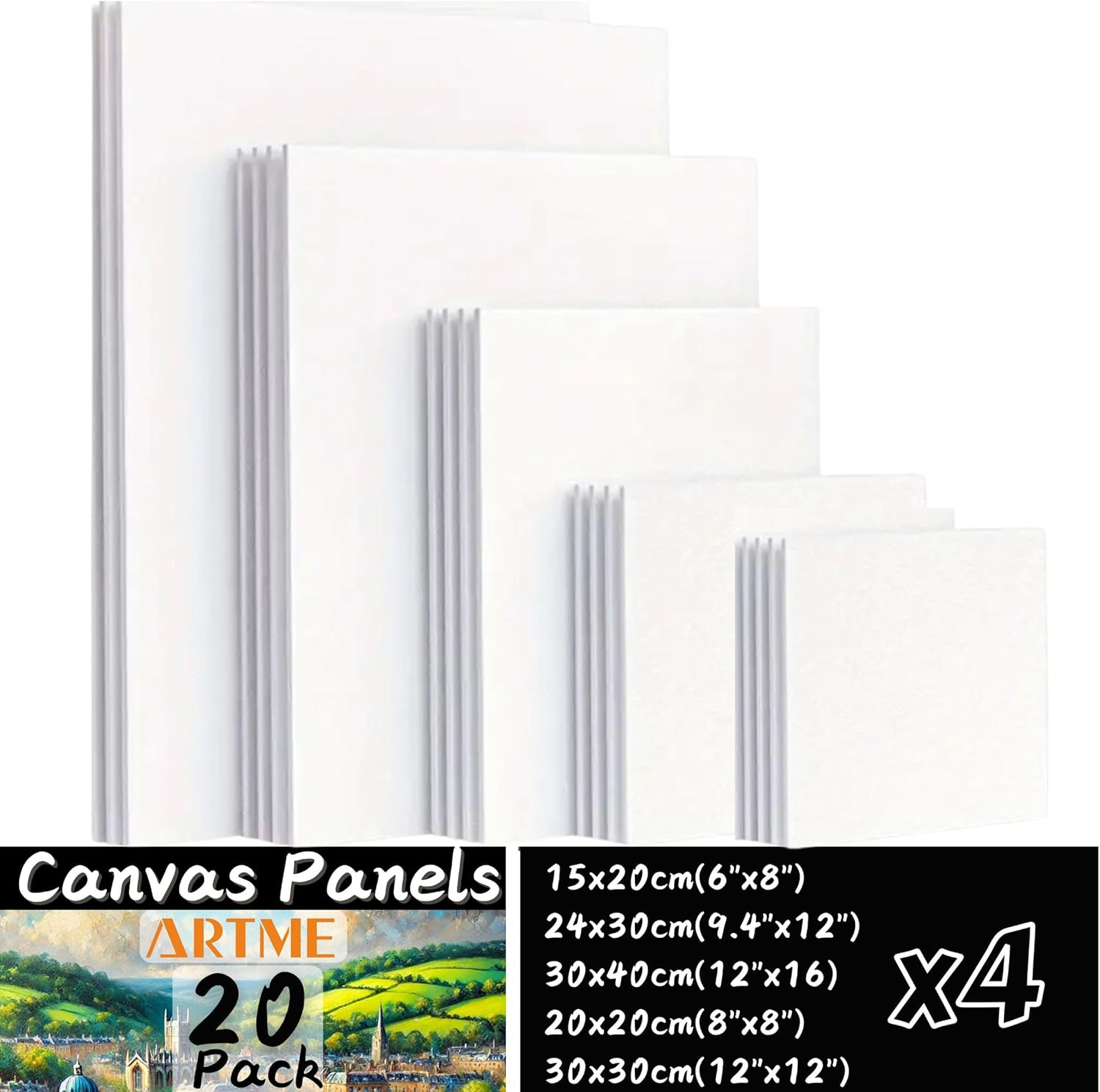 ARTME 20Pcs Canvas Panels (15X20-4Pk, 24X30-4Pk, 30X40-4Pk, 20X20-4Pk, 30X30-4Pk) 3Mm Blank Artist Canvas Board / 280GSM/ 100% Cotton/Triple Primed/Acid Free/Medium Grain- Acrylic & Oil Painting image number 2