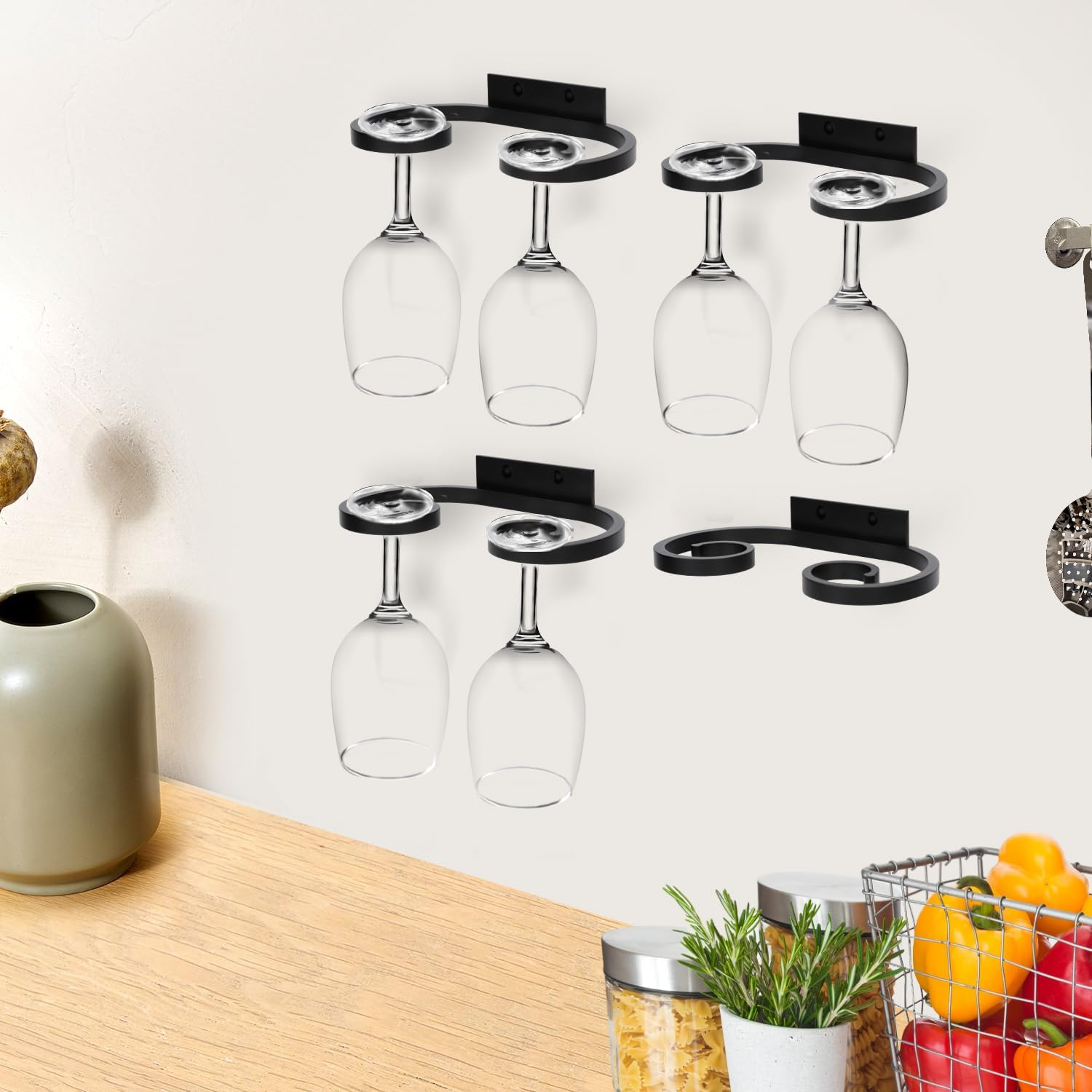 PEUTIER 4Pcs Wall Mounted Wine Glass Rack, 6.69X3.82 Inch Wine Glass Holder Metal Wine Glass Hangers Wine Glass Rack under Shelf Cabinet Stemware Storage Organizer for Kitchen Bar image number 1