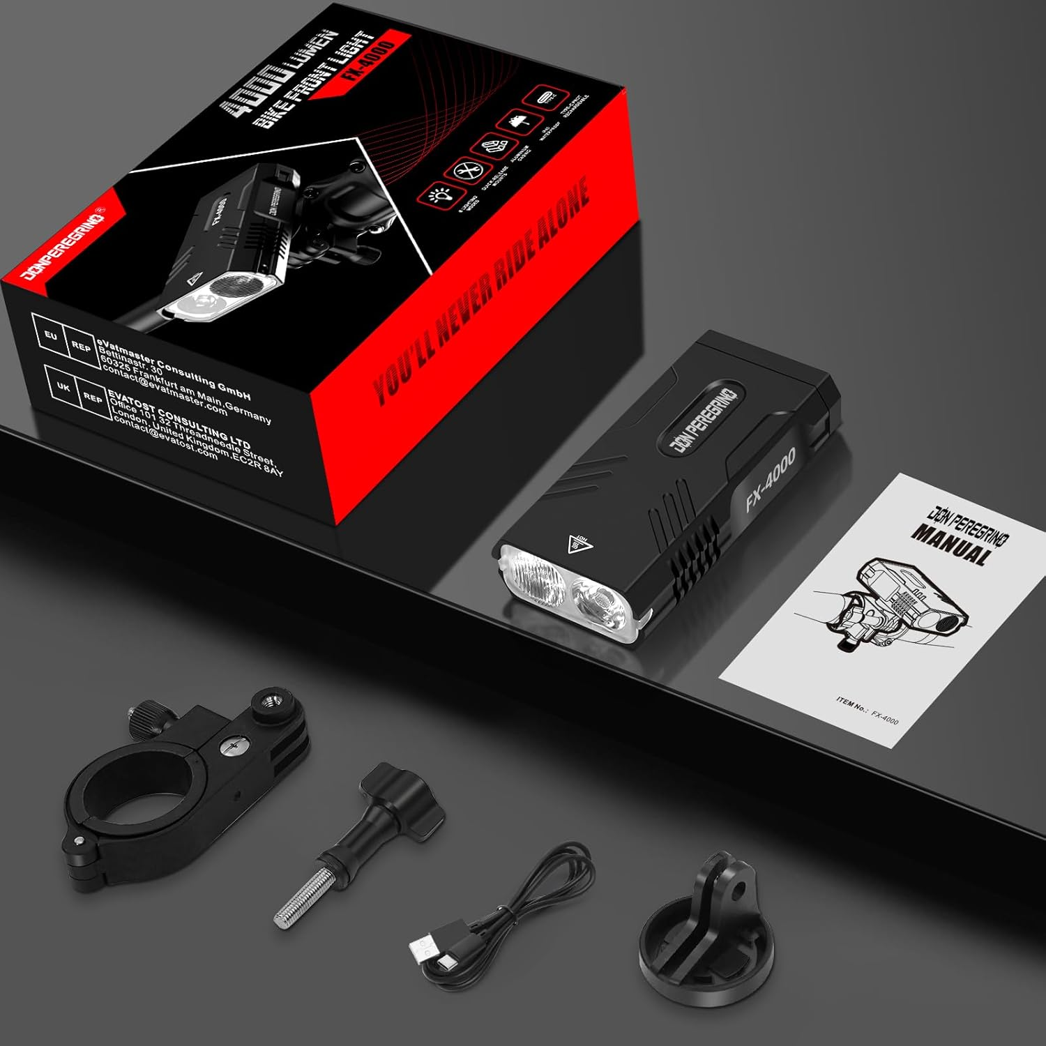 Bike Light Front 4000 Lumens &ndash; Aluminum Casing, IP65 Waterproof, USB-C Rechargeable, 6 Steady/Flash Modes, Quick Release Mount, DON PEREGRINO FX-4000 Bicycle Lights image number 5