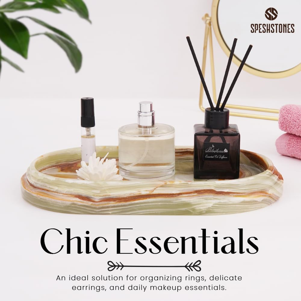 Marble Vanity Tray 9.75 Inch Green Handmade Oval Food Tray for Kitchen Countertop, Ideal Decorative Stone Trays for Perfume, Jewelry - Coffee Table Centerpieces for Dining Room - Travertine Beige image number 6