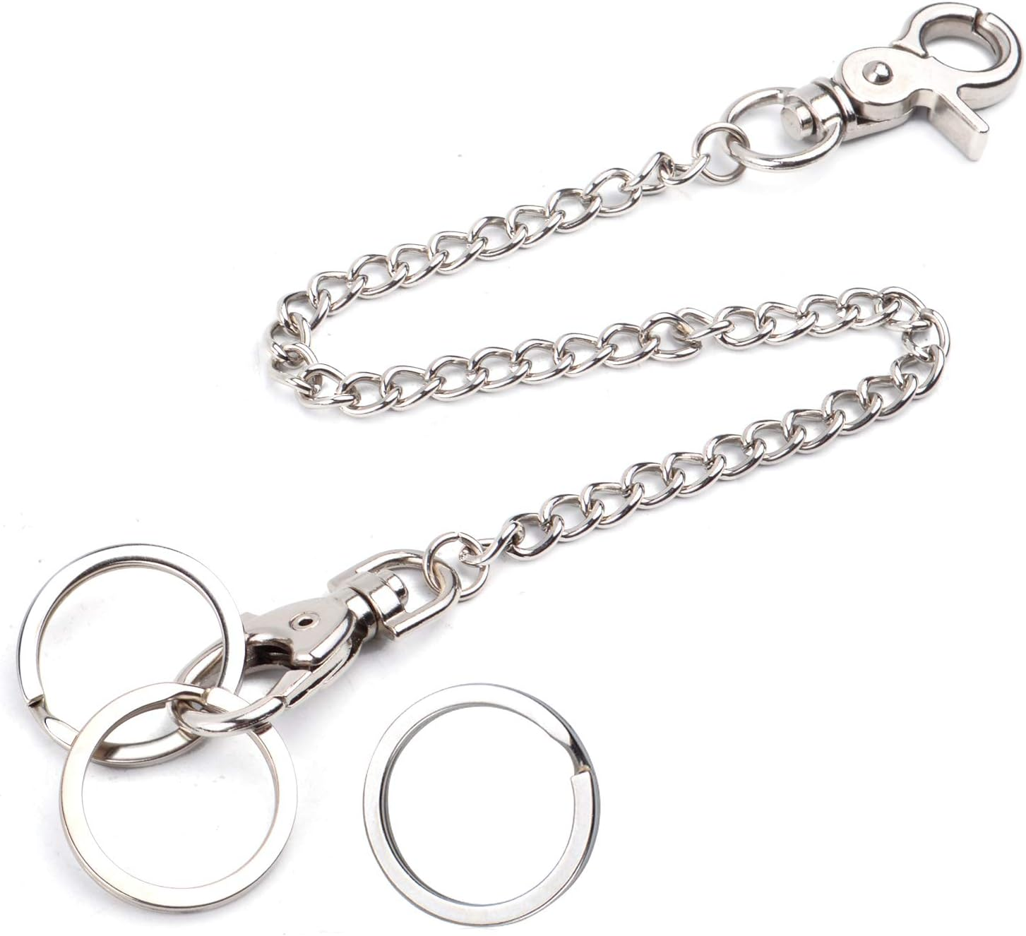 Pocket Chain, 2 Pieces of Metal Wallet Keychain Pants Chain with Both Ends Lobster Clasps and 6 Pieces of Key Rings for Keys, Pants, Belt Loop and Wallets - 8 Inches