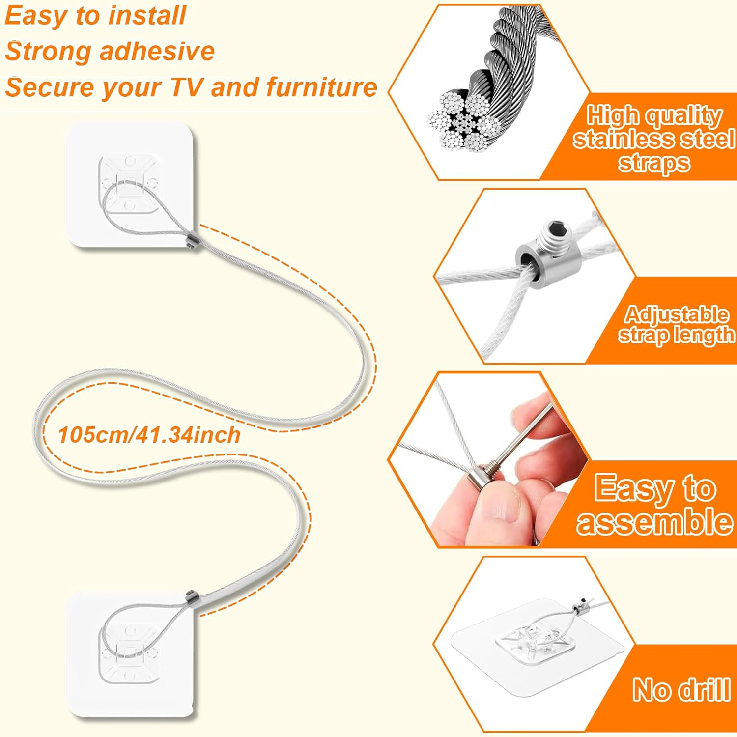 Adjustable 42" TV Safety Straps (2 Pack+4 Spare Adhesive Pad),No-Drill Adhesive Anti-Tip Furniture Anchors Kit for Baby Proofing,Secure Flat Screens Fix to Wall,Cabinet,Dresser,Stand or Desk image number 4