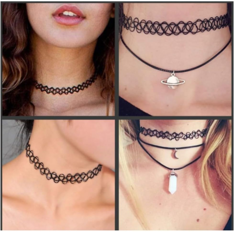 DACUAN Tattoo Choker Necklace Set 12PC - 90S Accessories Old School 2000S Jewelry - Stretchy Black Collar - One Size Women Teen Girl(Black) image number 4