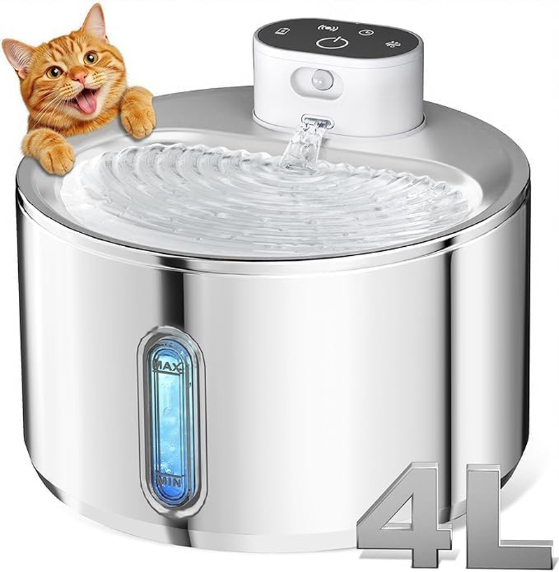 LOVELEDI Wireless Cat Water Fountain - 4L Automatic Stainless Steel Pet Fountain Battery Operated 5000Mah, Cordless Pet Drinking Fountain for Cats & Dogs with Motion Sensor, Ultra Quiet Pump image number 3