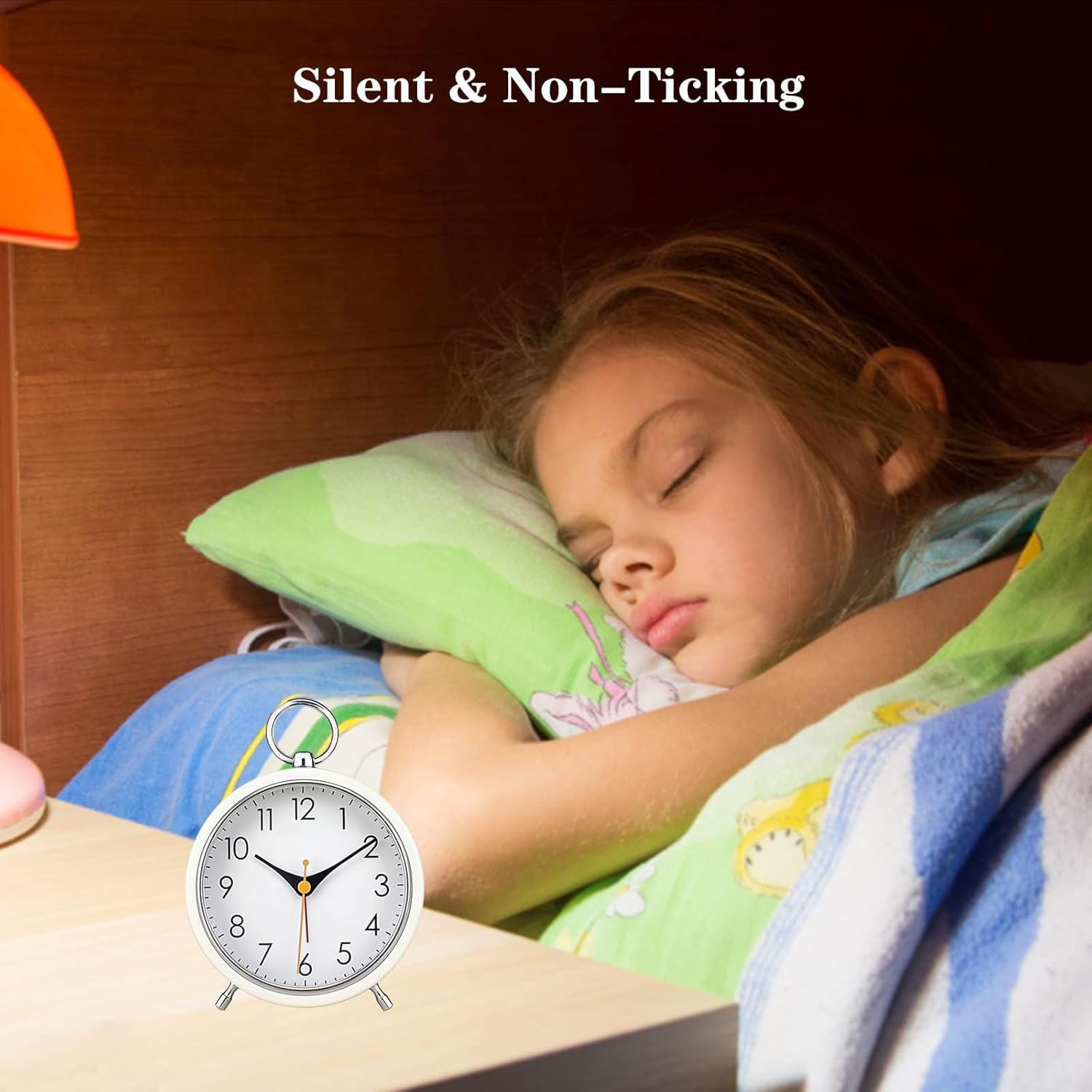 Snooze Retro Alarm Clock, 4 Inch Portable Table Clock with Night Light, Silent Non-Ticking Metal Clock, Simple round Battery Powered Clock Decor for Living Room Bedroom Study Office (White) image number 3