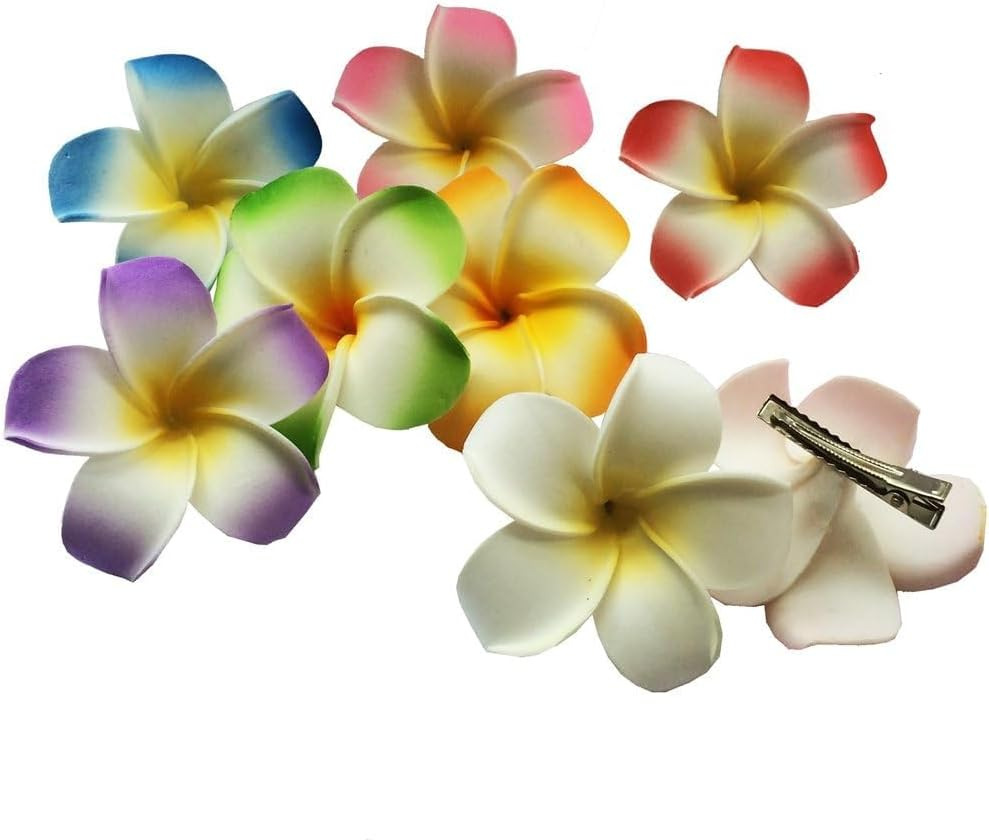 Hawaiian Frangipani Plumeria Foam Head Flower Party Beach Hair Accessories Pack of 2 (White+Purple) image number 4