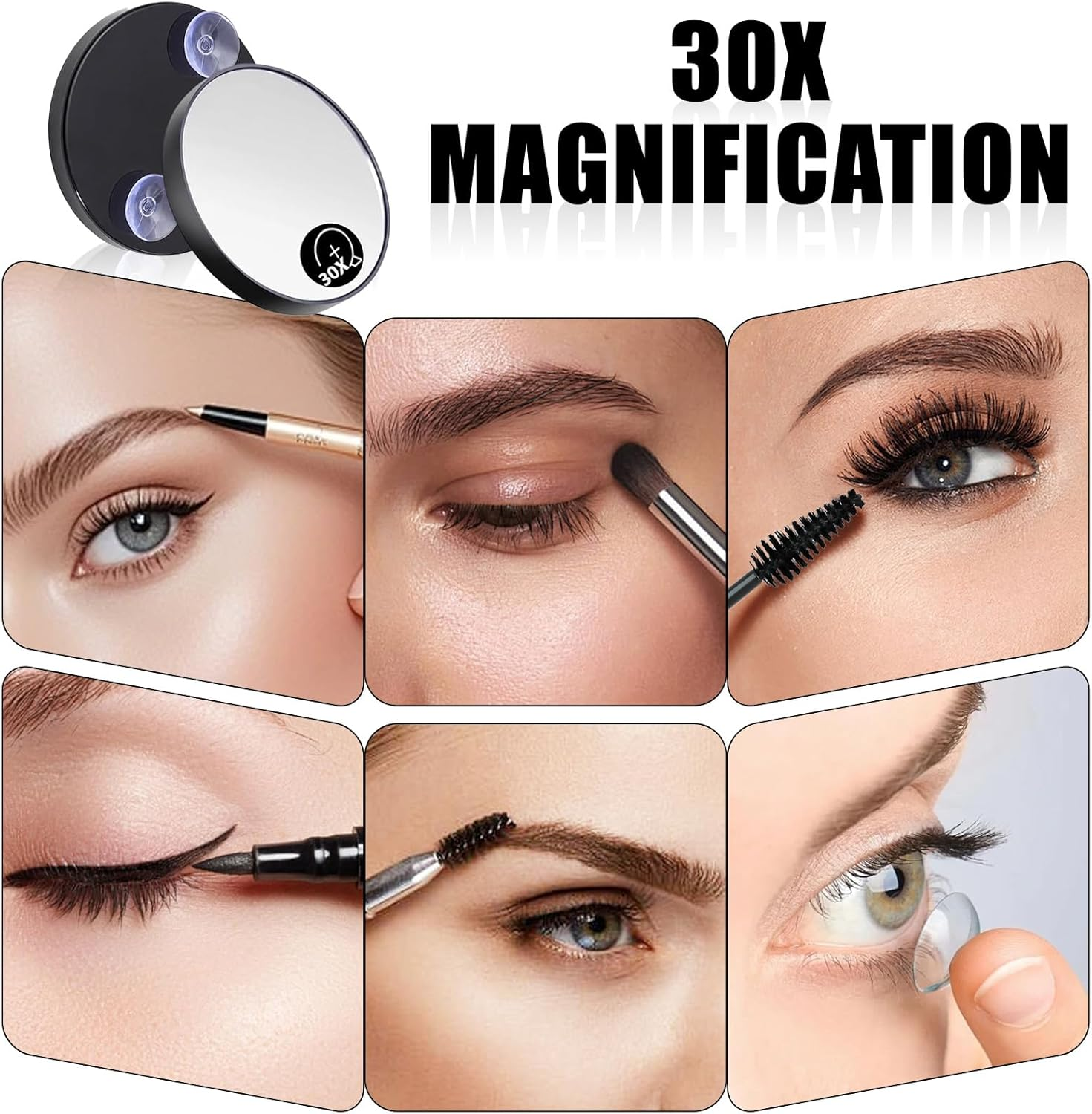 Uvwxba Small Magnifying Makeup Mirror with Suction Cup Slant Flat Tweezers for Precision Eyebrow Plucking Skin Care Compact Travel Mirror (30X) image number 3