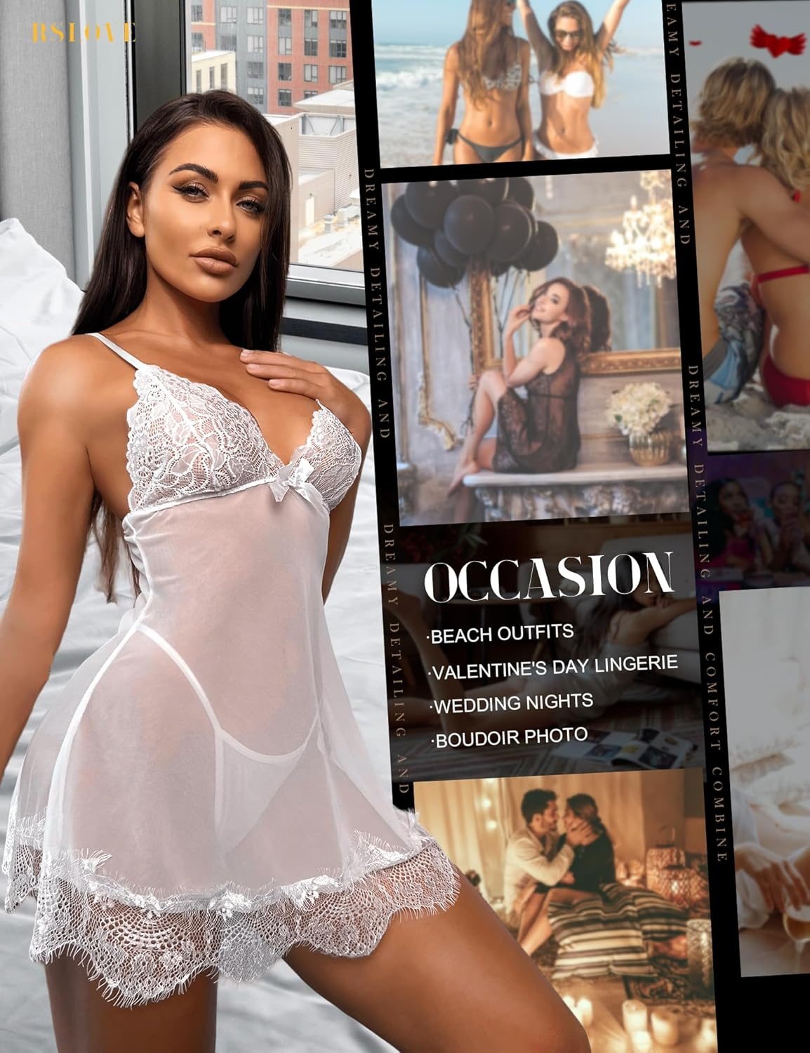 RSLOVE Women Sexy Lingerie Set 3 Piece Babydoll & Lace Kimono Robe Strap Chemise Sleepwear Mesh Nightgown