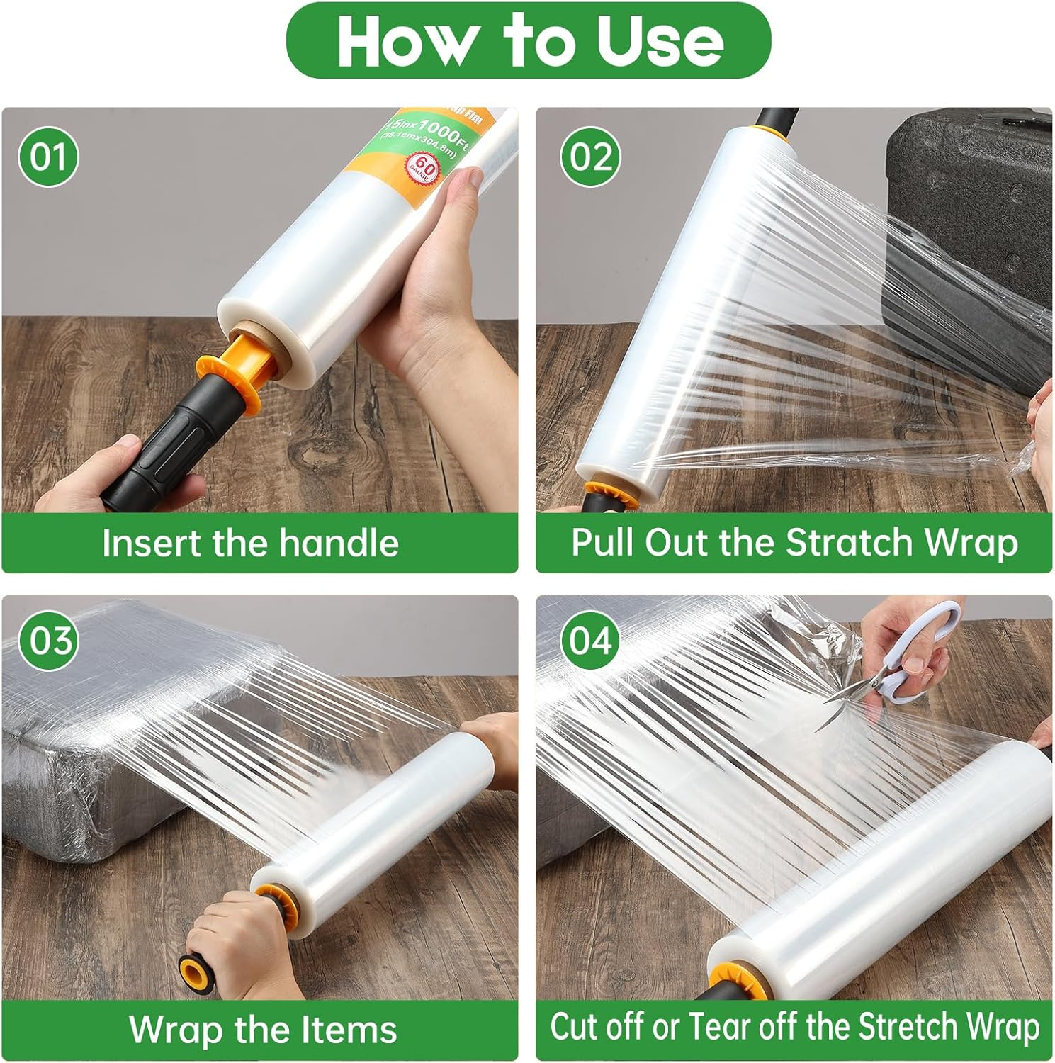 Stretch Wrap Stretch Film with Handles 15" X 1000 Feet Shrink Wrap Packing Moving Suppliers 60 Gauge Plastic Wrap for Pallet Wrapping Shipping and Surface Protection (1 Packs) image number 1