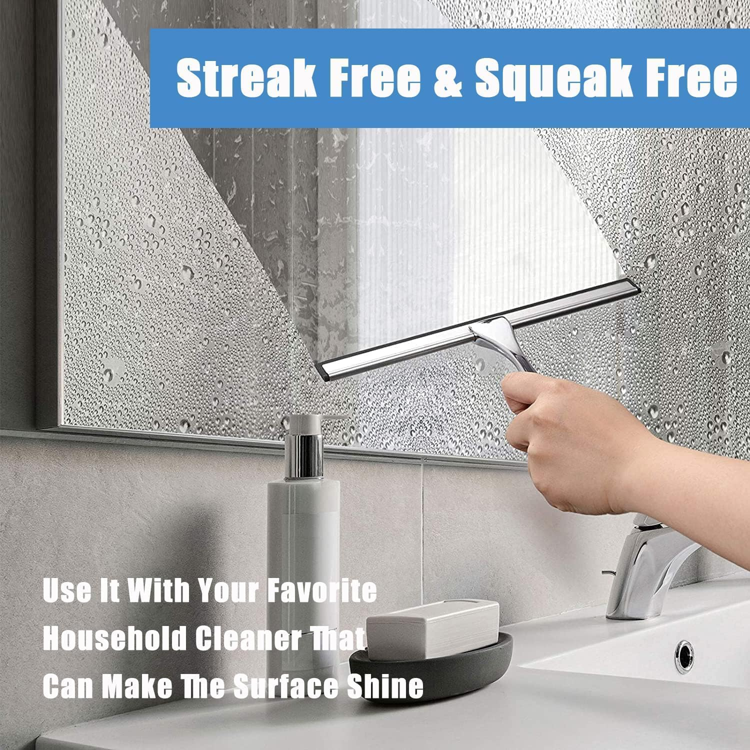 Shower Squeegee, Bathroom Window Squeegee, All Purpose Silicone Blade Window Wiper Tool Raclette Douche for Doors Window Car Mirror Glass Ceramic Wall, with Hook (10 Inch, Silver)