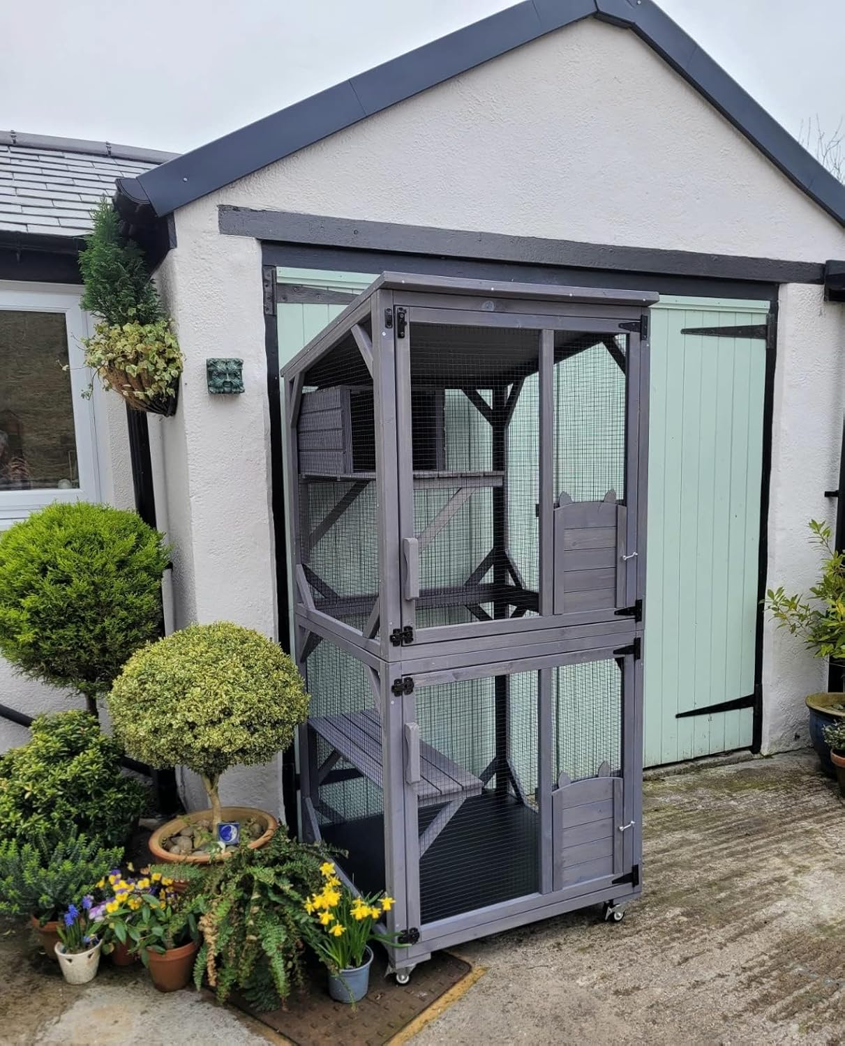 Wooden Cat House Outdoor and Indoor Run Large Cat Enclosure on Wheels 70.9" Upgraded Version Catio Cage with Reinforcement Wooden Strip,Waterproof Roof image number 1