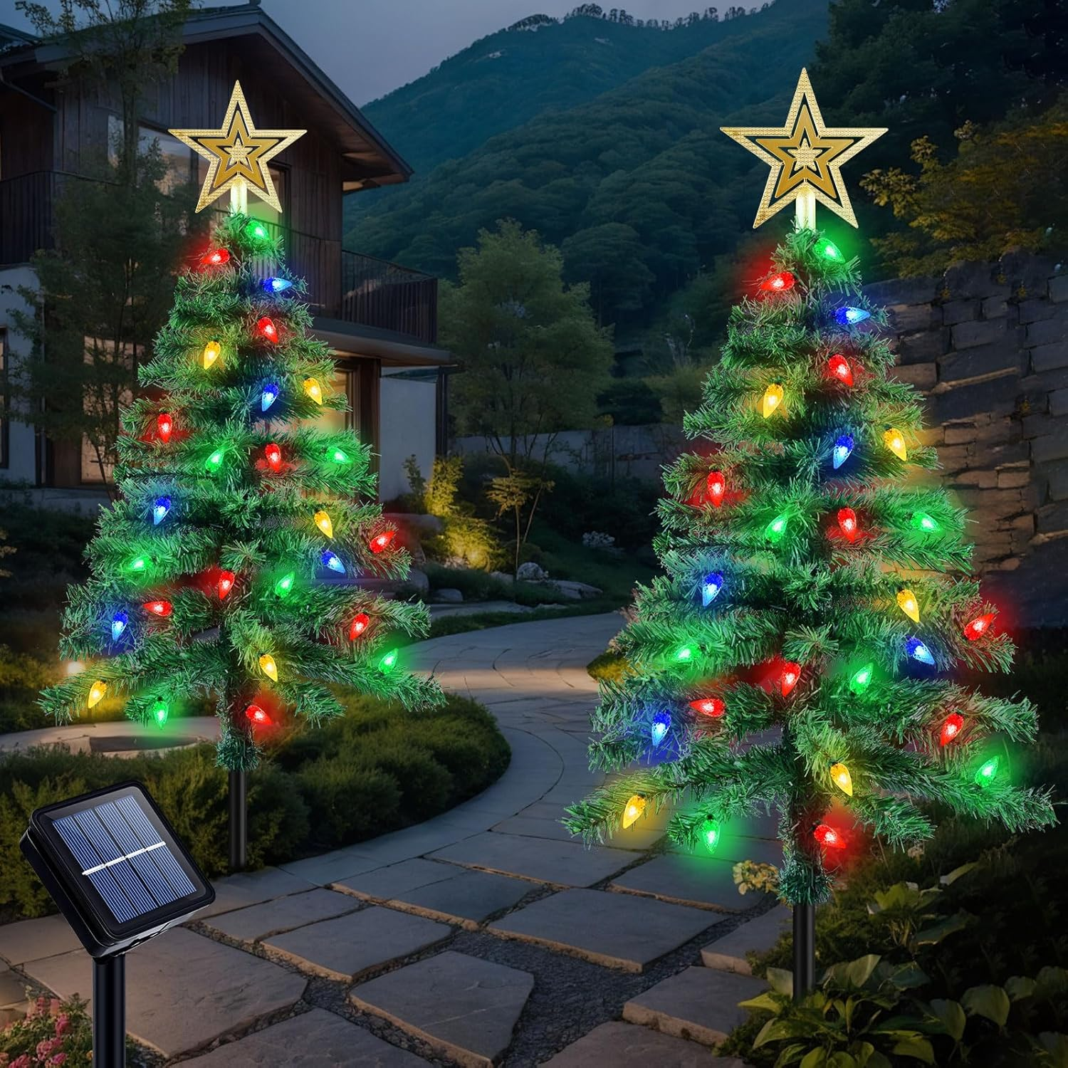 Ninonly Solar Christmas Tree Light 2 Pack, 1.1M 1000Mah Solar Powered Christmas Garden Light 8 Modes Waterproof C6 Strawberry 100Leds Solar Yard Stake Pathway Lights for Christmas Outdoor Decoration image number 2