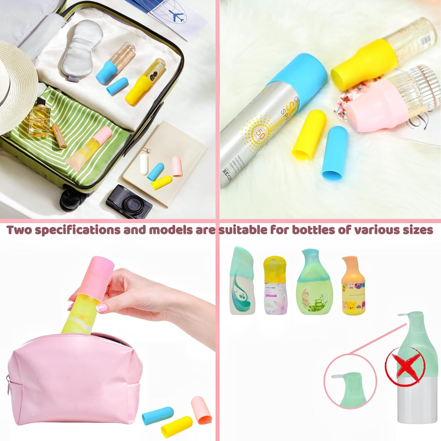RJDJDLXM 8Pcs Silicone Bottle Covers Medium & Large Size Toiletry Sleeves Travel Essentials for Lotion Shampoo Containers, 4 Colors,Travel Essentials,Elastic Sleeves for Leak Proofing