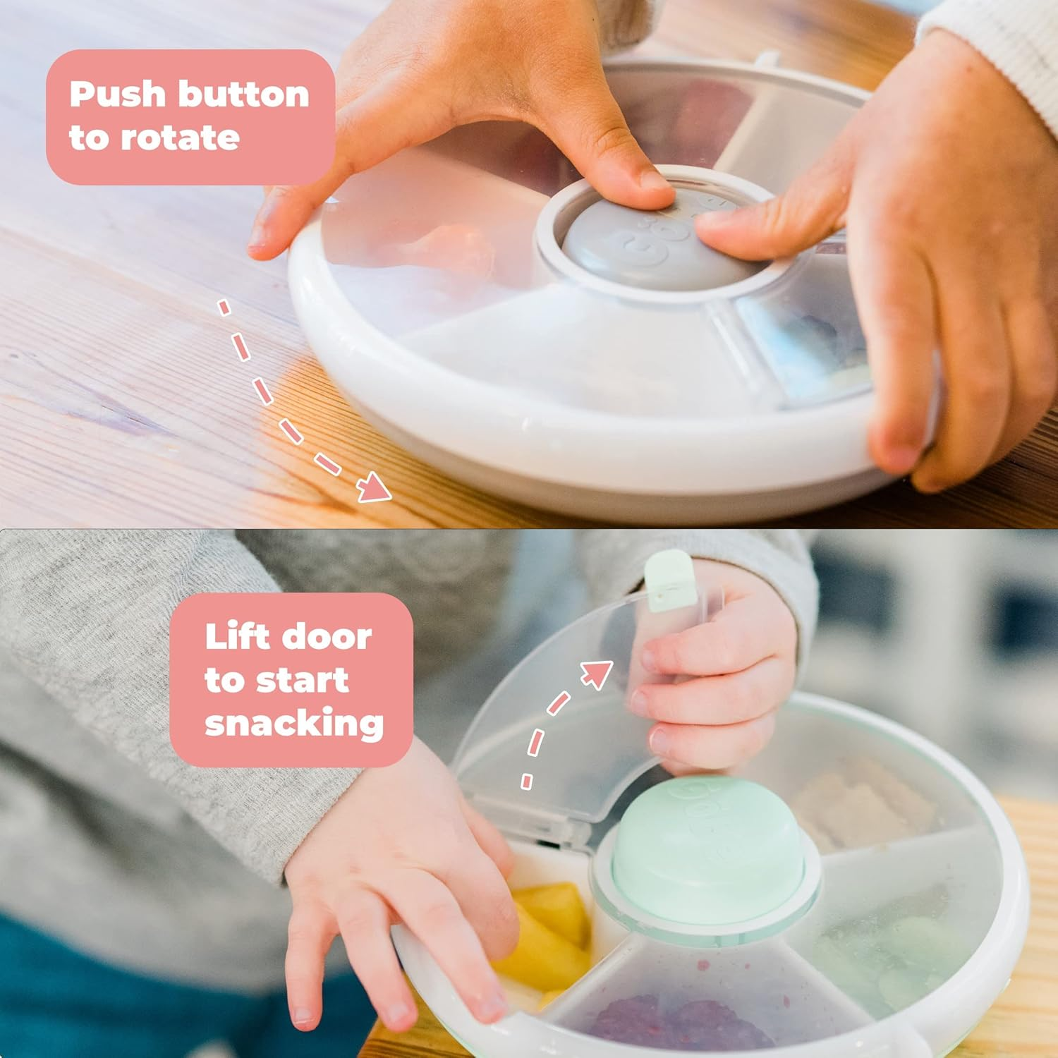 Gobe Kids Snack Spinner Bundle with Hand Strap and Sticker Sheet - Reusable Snack Container with 5 Compartment Dispenser and Lid | BPA and PVC Free | Dishwasher Safe | No Spill, Leakproof image number 6
