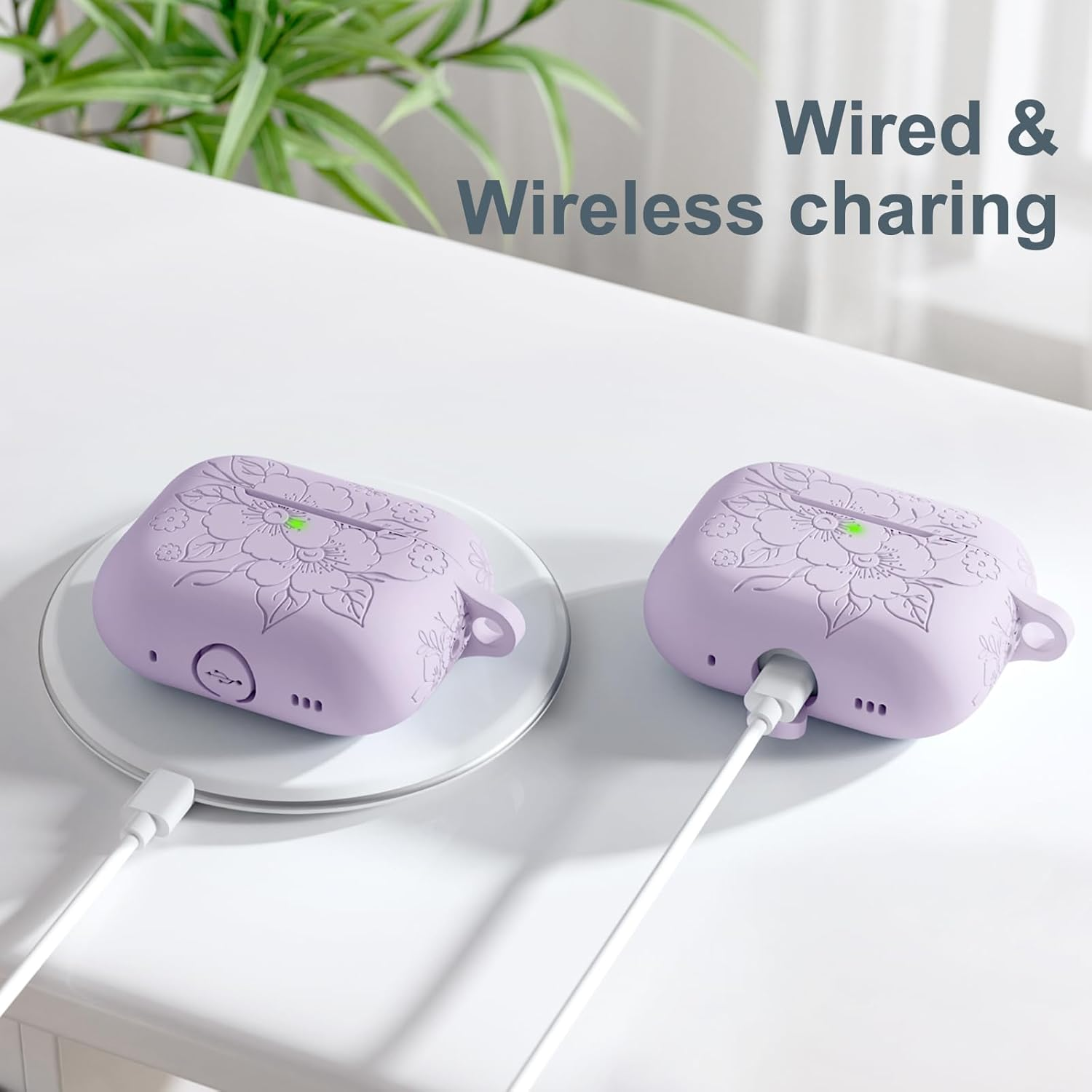 WJK Compatible with Apple Airpods Pro 2Nd Generation Charging Case, Soft Silicone Flower Engraved Protector with Keychain for Airpods Pro Case 2Nd/Airpod Pro Case, Front LED Visible, Lavender - Lavender image number 3