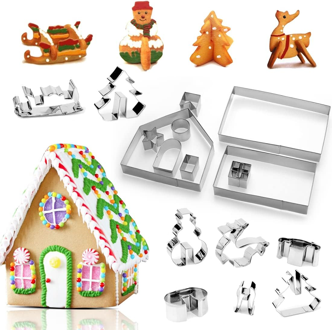 3D Christmas Cookie Cutters, 3D Gingerbread House Shape, Includes Christmas Tree, Snowman, Reindeer and Sleigh Shapes, for Biscuits, Baking, Kitchen Accessories, Pack of 18