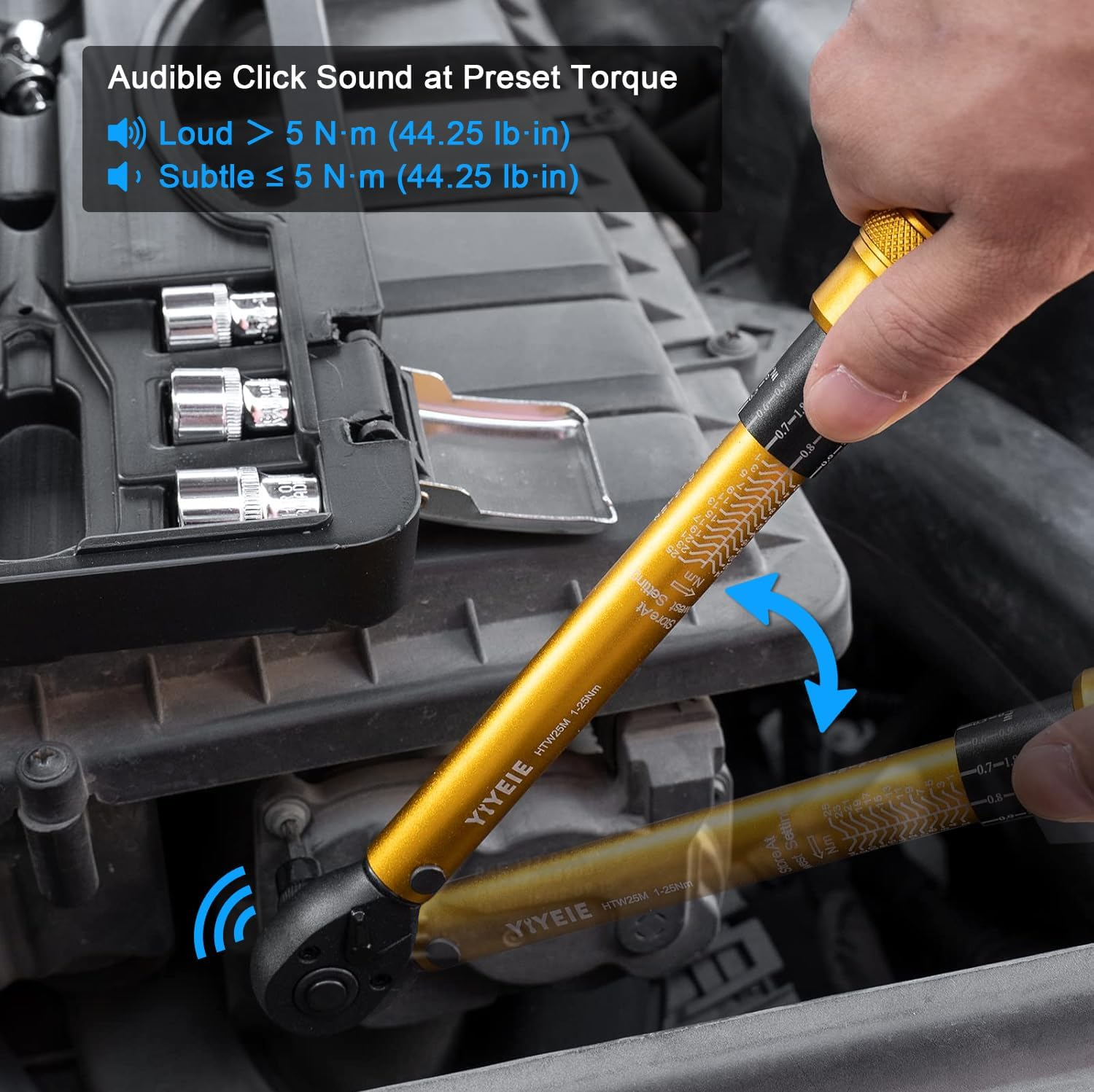 YIYEIE 1/4 Inch Drive Bike Torque Wrench, 1-25 Nm (10-222.5 In.Lb), 27 PCS Click Bicycle Torque Wrench with Bit Sockets, 0.1 Nm Micro, 72-Tooth Ratchet, 3/8 Adapter, for MTB, E-Bike, Motorcycle image number 3