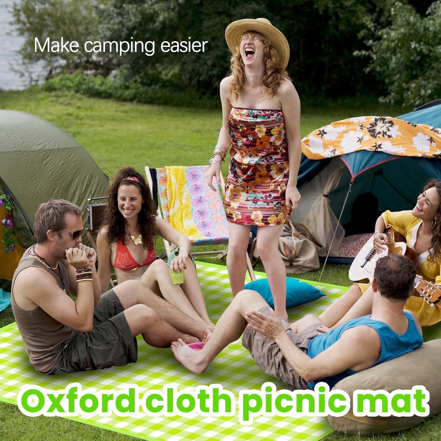 ONMELON Folding Picnic Mat, Sandproof Waterproof Camping Portable Beach Mat, Lightweight Outdoor Family Park (Green, 60"X80") image number 4