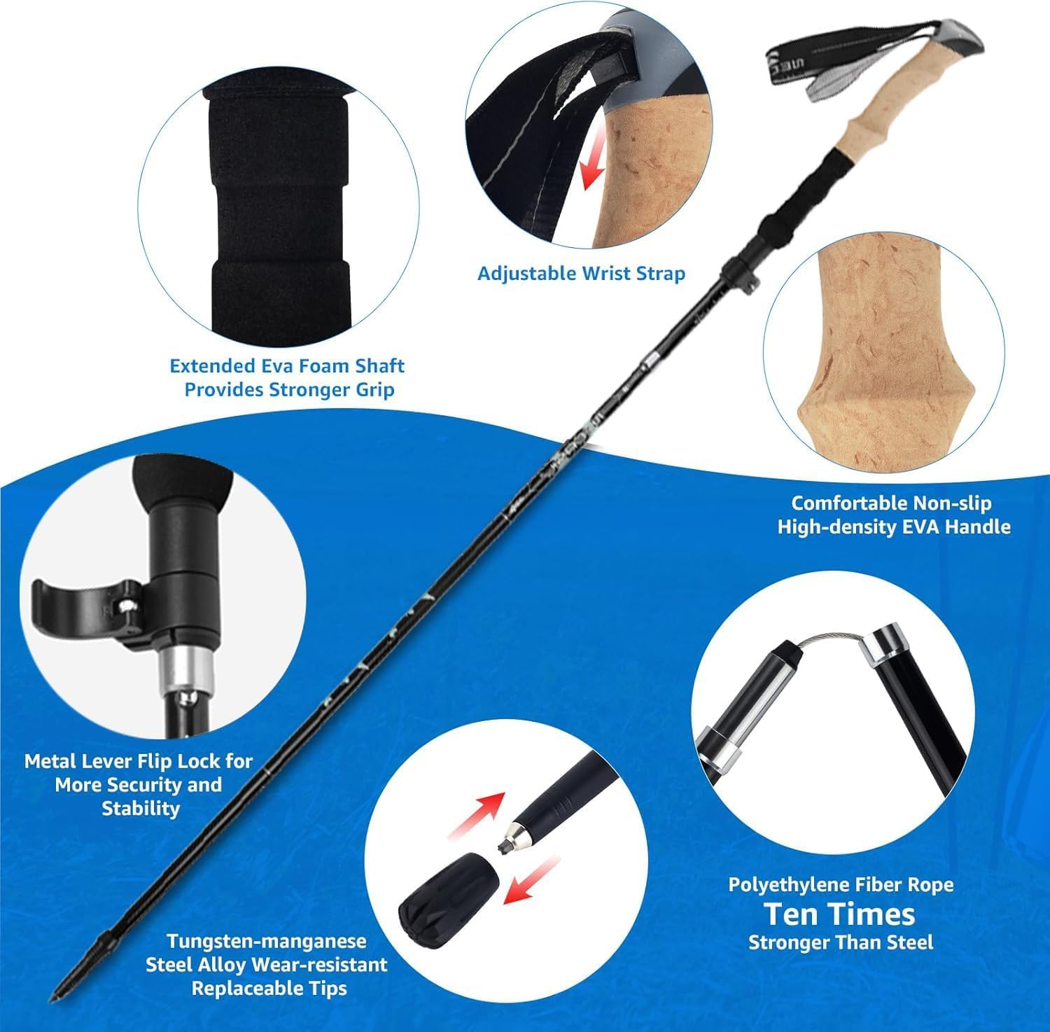 Dsocool Collapsible Trekking Poles - Lightweight Folding Hiking Poles for Women Men - Walking Sticks for Hiking - Adjustable with Quick Flip Lock & All Terrain Accessories - Set of 2 image number 2