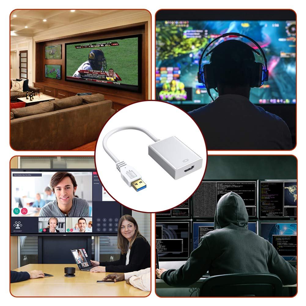 USB to HDMI Adapter, 1080P HD Audio Video Converter,Usb 3.0/2.0 to HDMI Multiple Monitors Cable Compatible with Windows XP 7/8/ 8.1/10 for PC Laptop Projector HDTV（白）