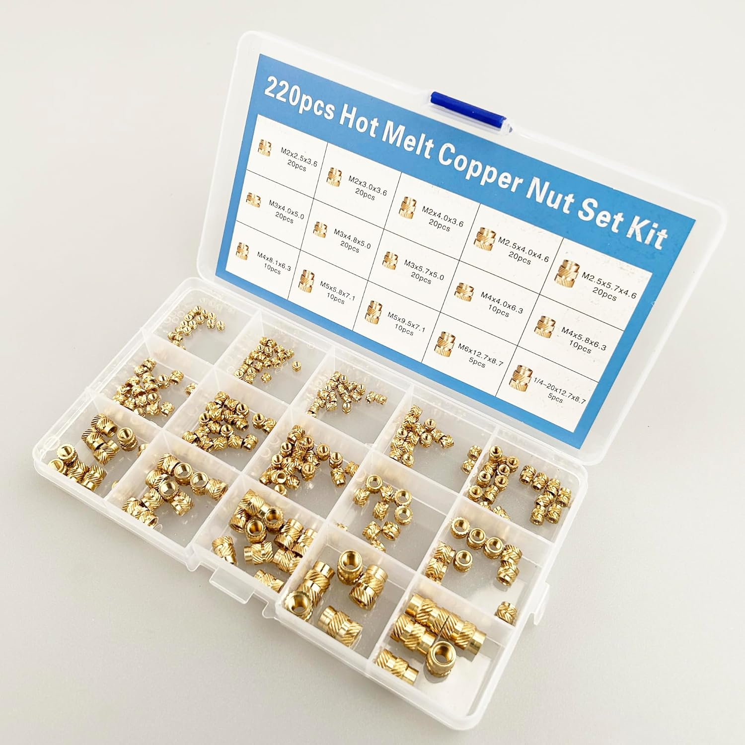 220Pcs Threaded Brass Inserts,M2,M2.5,M3,M4,M5,M6 and 1/4"-20 Heat Set Inserts and Brass Metric Knurled Nuts Assortment Kit for Plastic and 3D Printing Components image number 5