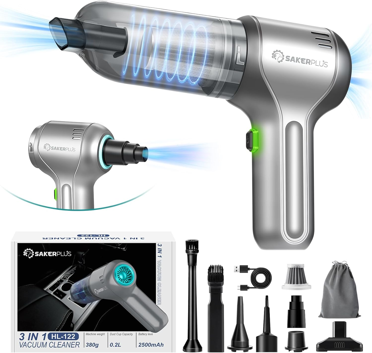 Sakerplus Car Vacuum Cleaner-Wireless Handheld Car Vacuums with Best Suction,Brushless Motor 12000PA Maximum Power,3 in 1 Mini Portable Vacuum Cleaner Cordless for Home,Office,Kitchen,Cars image number 1