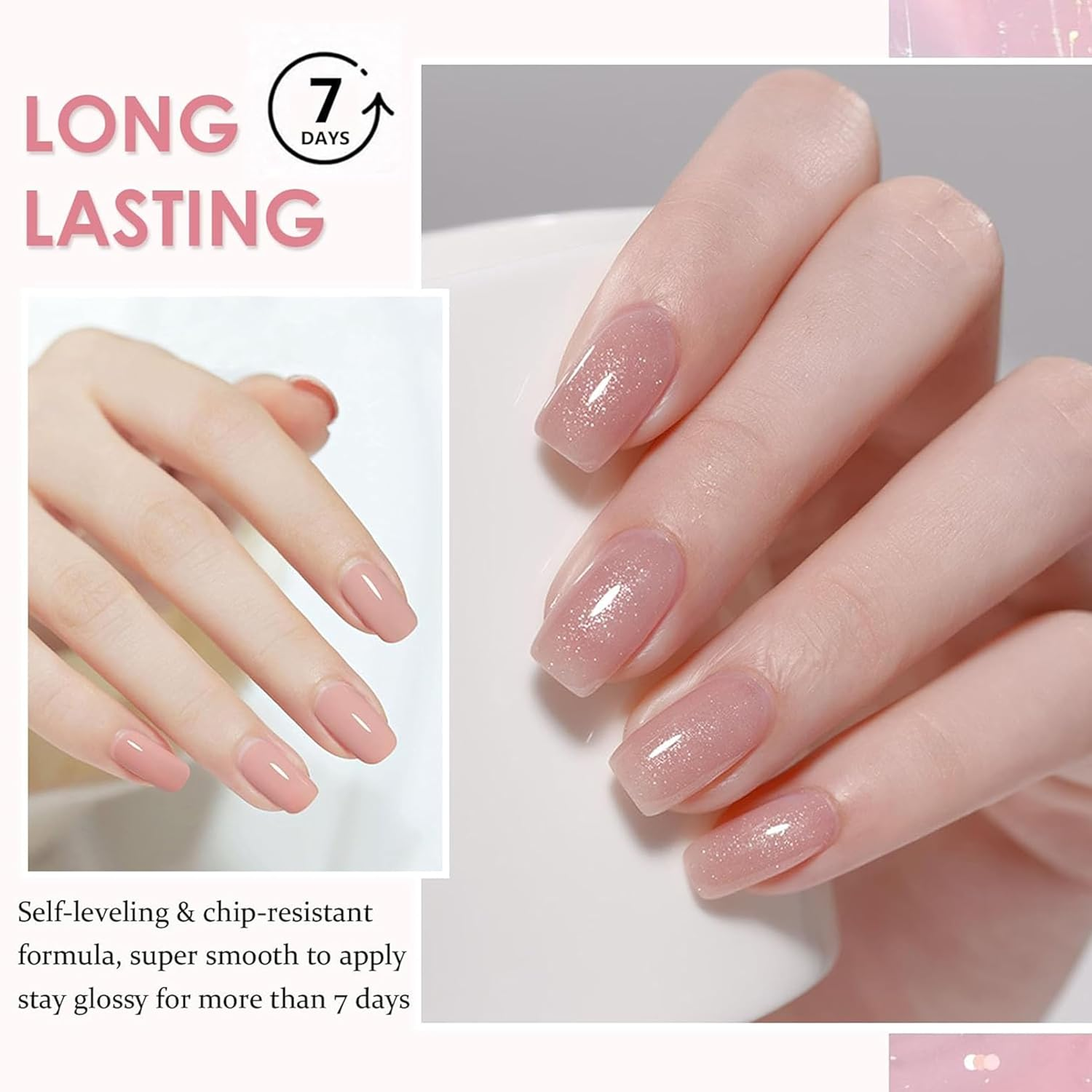 4 Colour Shiny Nail Polish Set - Quick-Drying Long-Lasting Nail Polish without UV Lamp - Non-Toxic Water-Based Colour Polish - Natural Nail Polish with Vegan Formula, Shimmer Pink (NUDE) image number 4