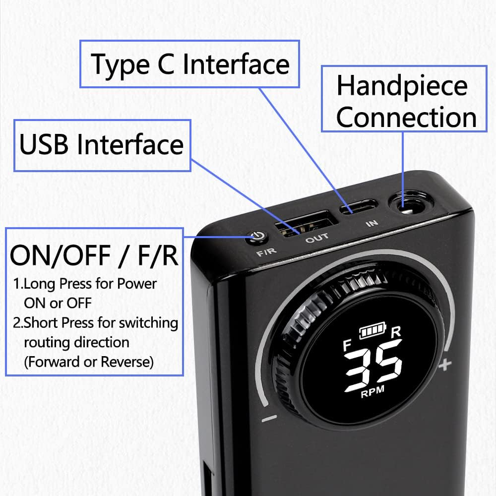 Yokefellow Professional 35000 RPM Nail Drill for Acrylic Nails with 6 Bits Rechargeable Portable Manicure Pedicure Nail Drill Machine as a Power Bank Black&Grey&Sliver (Black+Nb07) image number 6