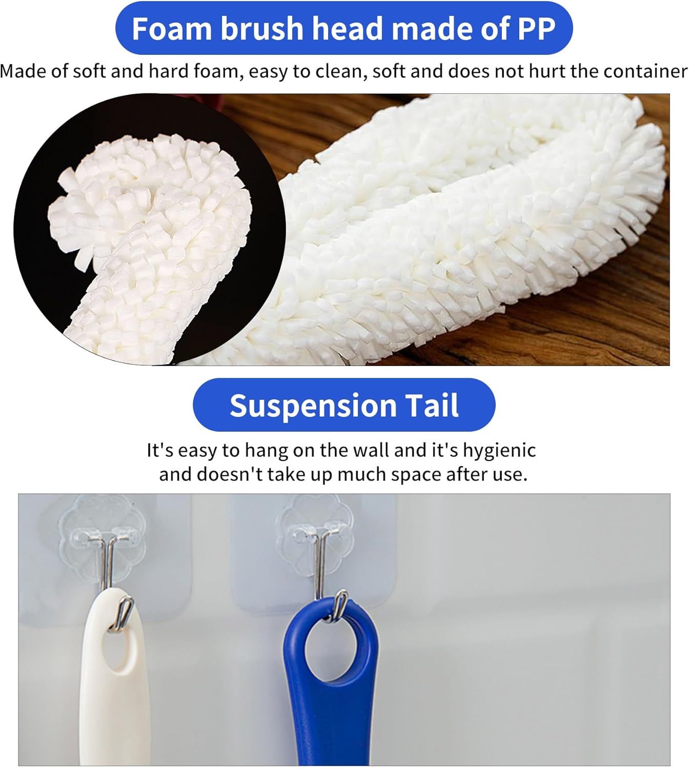 2 Pack Bottle Brush Cleaning Brush Set for Wine Glass Cup Jar Tumbler Narrow Neck Bottle Kitchen Tools Soft Bristles Long Handle for Deep Cleaning Reusable Household Cleaner image number 3