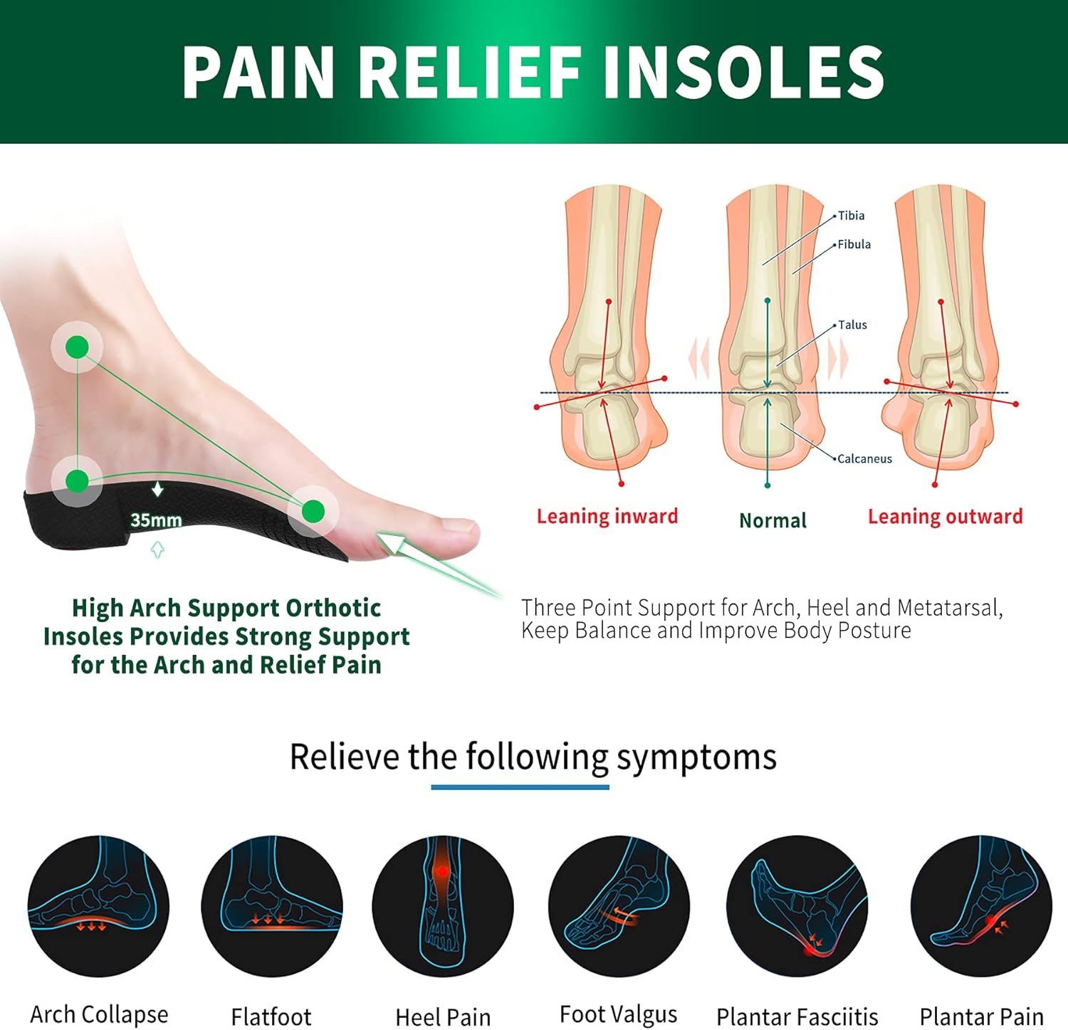 Plantar Fasciitis Orthotic Shoe Insoles QBK High Arch Support Inserts for Dispersal Heel Pressure and Pain Relief，L image number 2