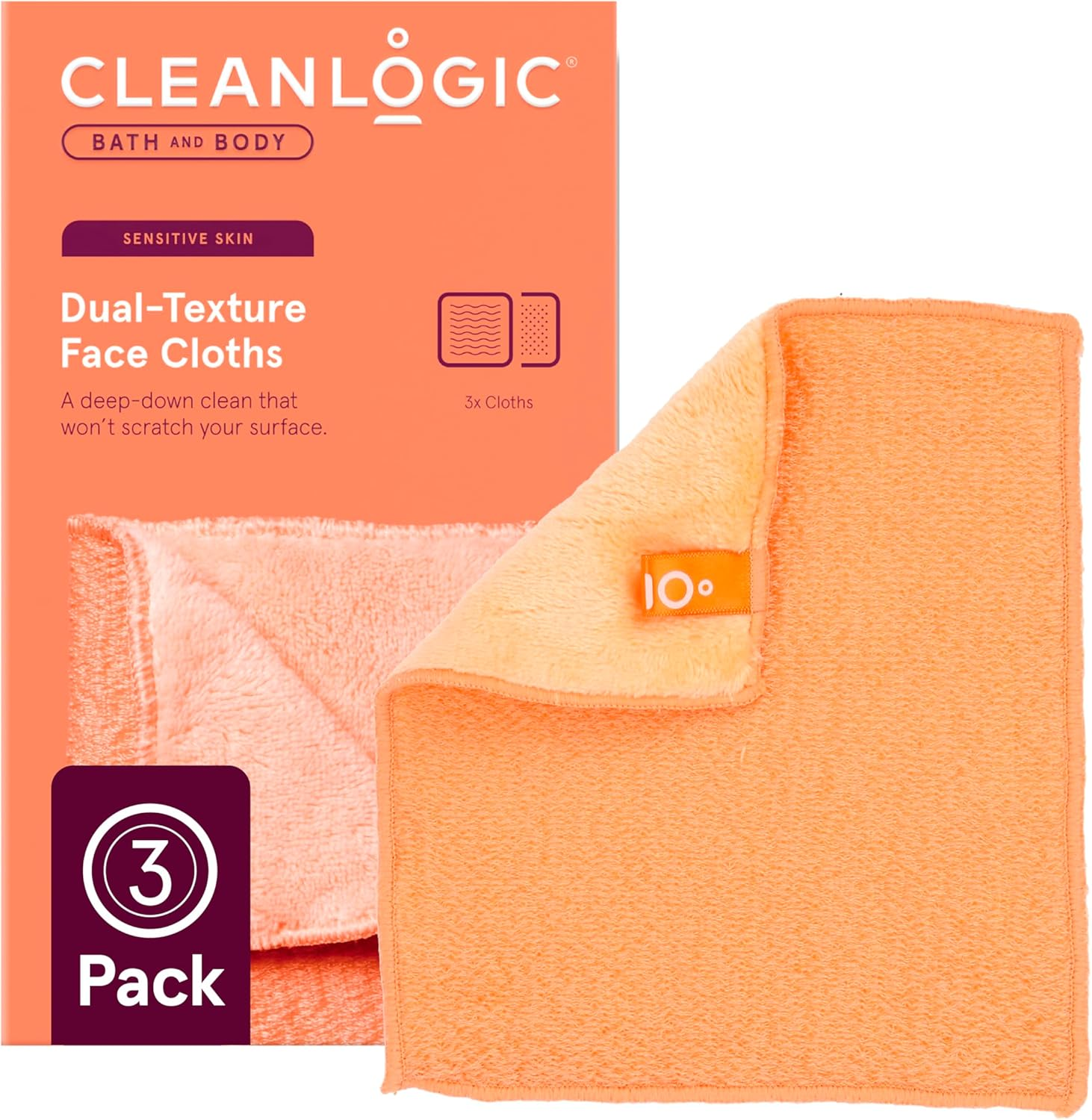 Cleanlogic Bath & Body Exfoliating Dual-Texture Face Cloths for Sensitive Skin, Assorted Colors, Removes Makeup, Oil & Dirt, Vegan Friendly - Pack of 3 image number 6