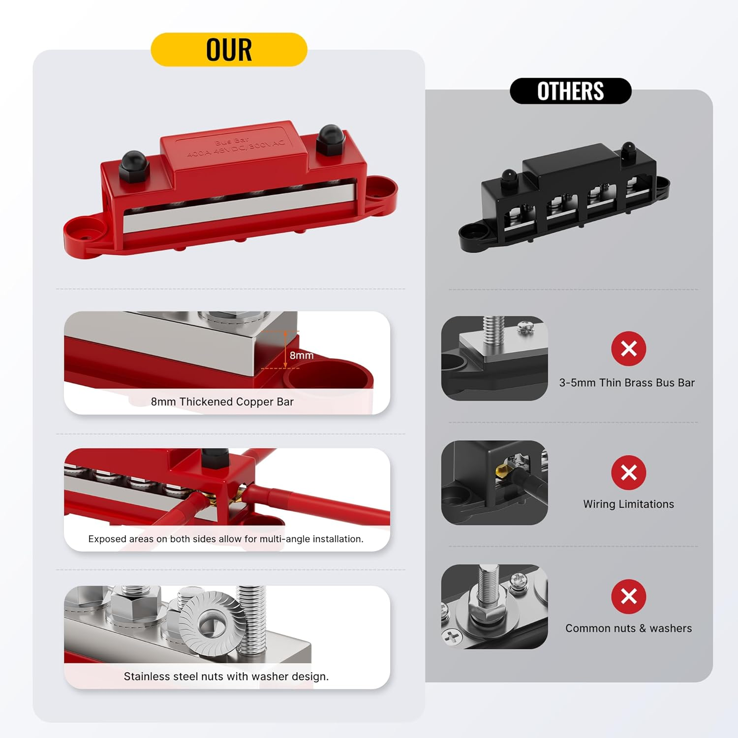 400A Bus Bar 12V Power Distribution Block 6 X 5/16" (M8) Terminal Studs 12 Volt Marine Bus Bar Positive & Negative for Boat Automotive Solar System image number 4